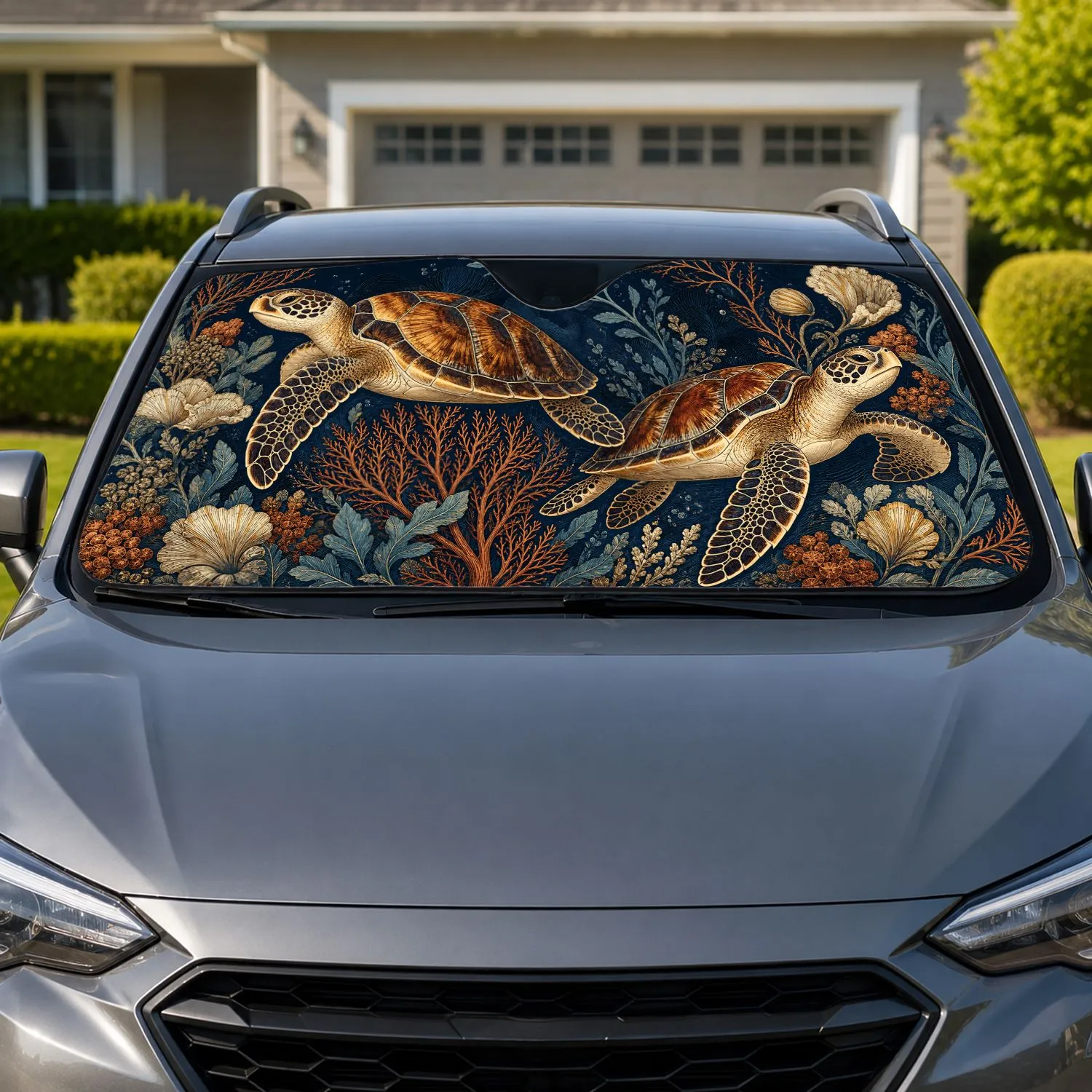 Vintage Sea Turtle Coral Ocean Decor for Coastal Beach Lovers and Marine Life Fans Car Sunshade - 1
