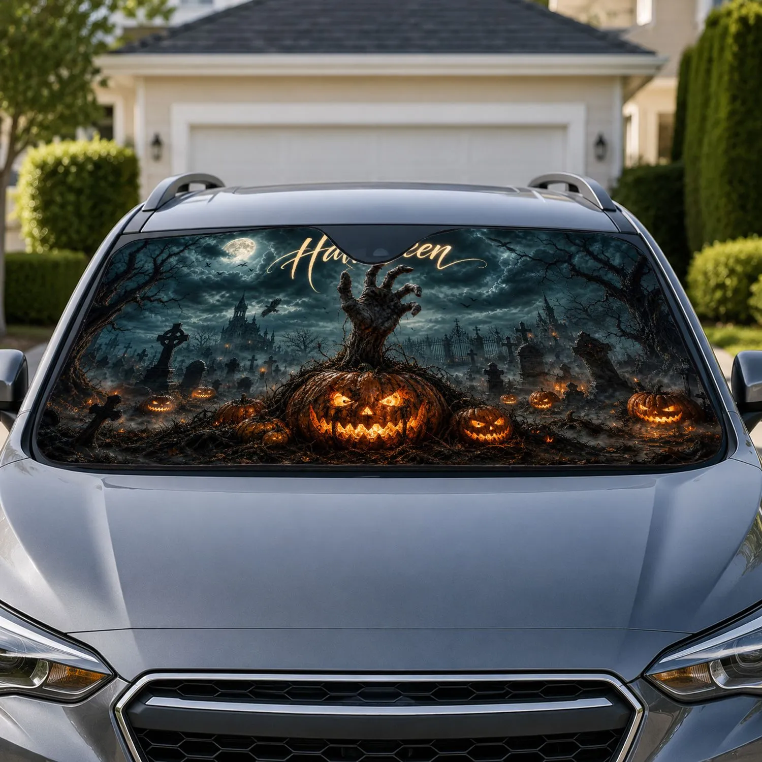 Halloween Zombie Hand And Jack-O-Lantern Graveyard Decor For Gothic Auto Enthusiasts Car Sunshade - 1