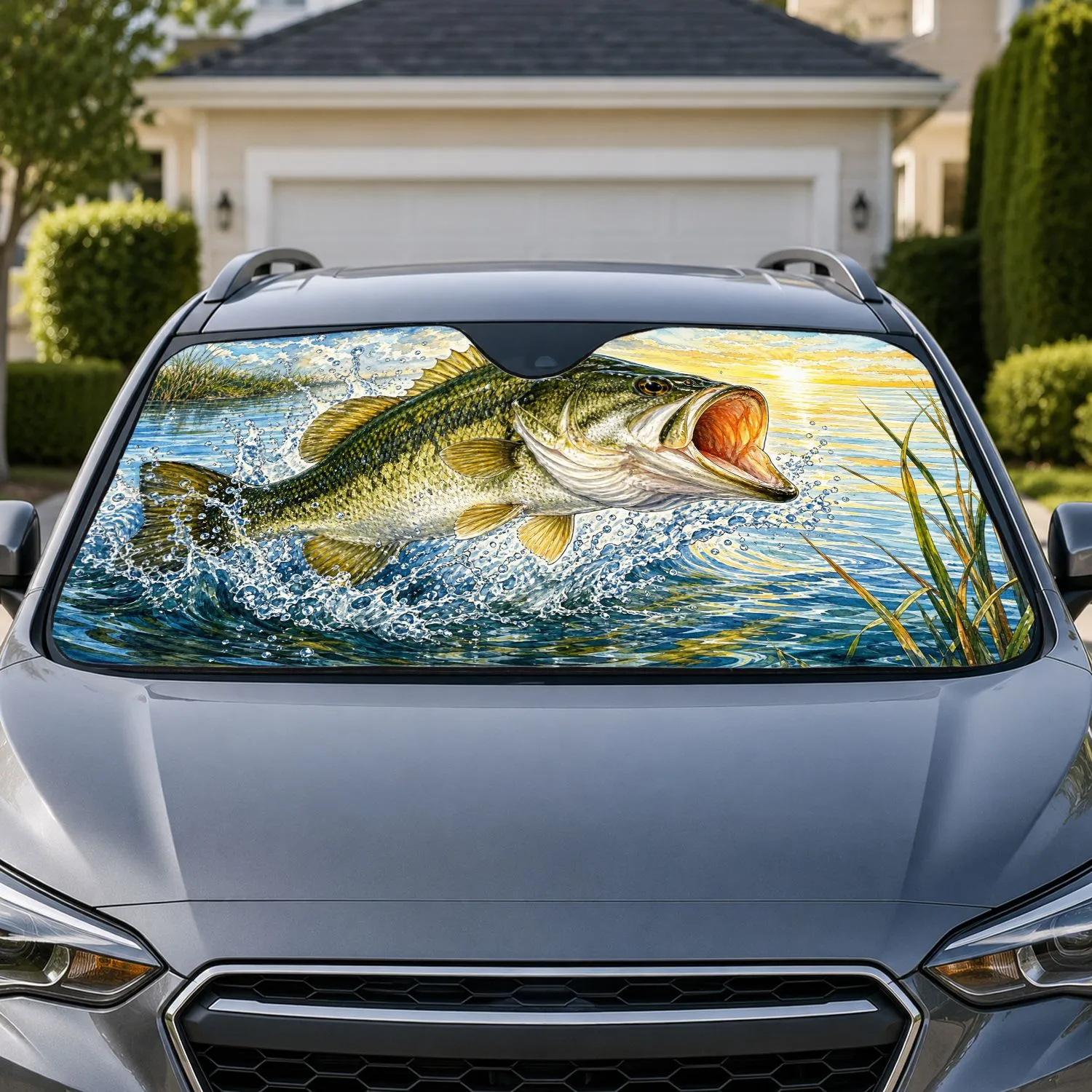 Largemouth Bass Leaping From Water Scene for Fishing Trips and Outdoor Angler Gifts Car Sunshade - 1