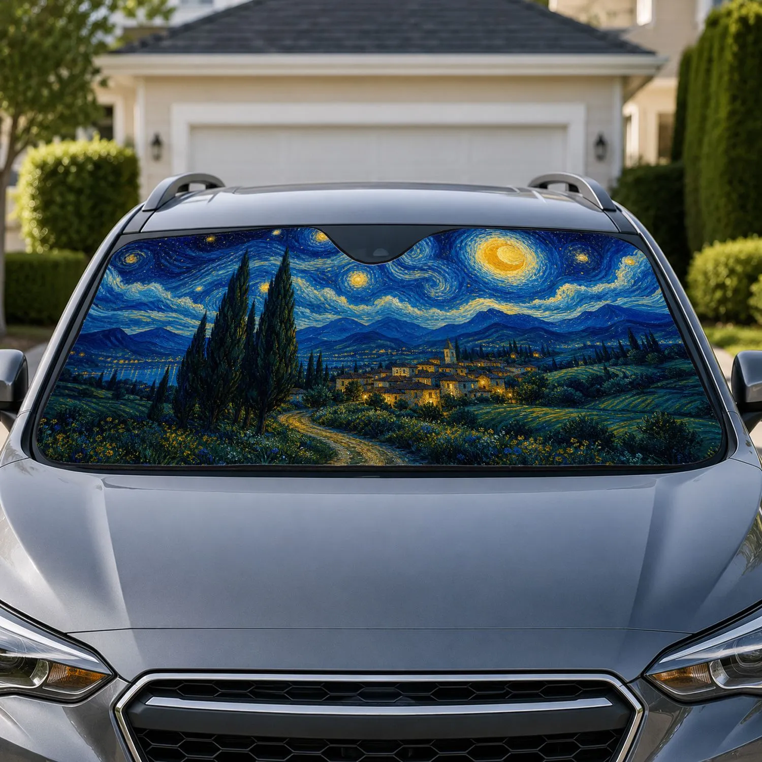 Moonlit Cypress Village And Cobalt Night Sky for Road Trip Style Art Loving Drivers Car Sunshade - 1