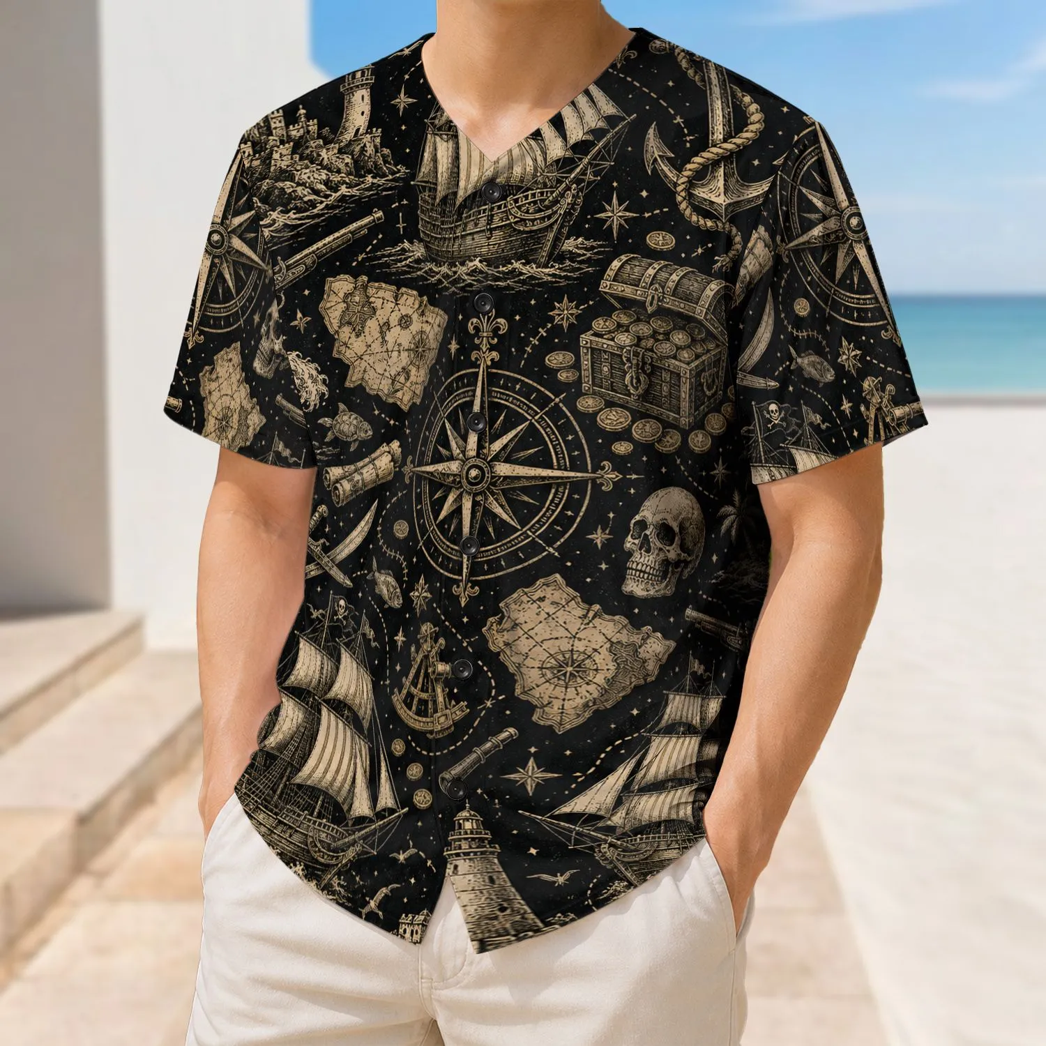 Vintage Pirate Ships Compass Nautical Treasure For Beach Cruises And Adventure Fans Baseball Jersey - 1
