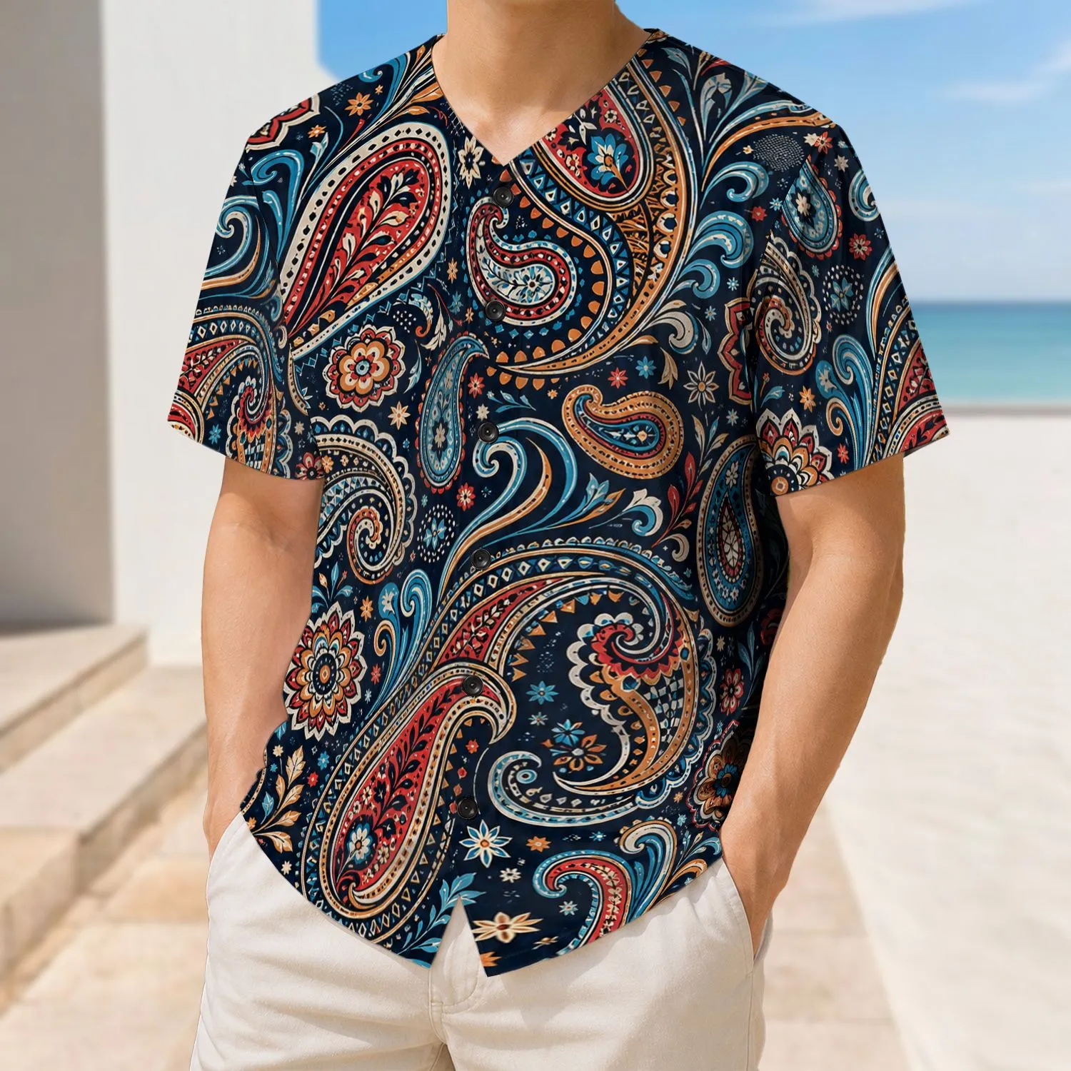 Midnight Navy Paisley Boho Beachwear For Summer Festivals And Casual Everyday Style Baseball Jersey - 1