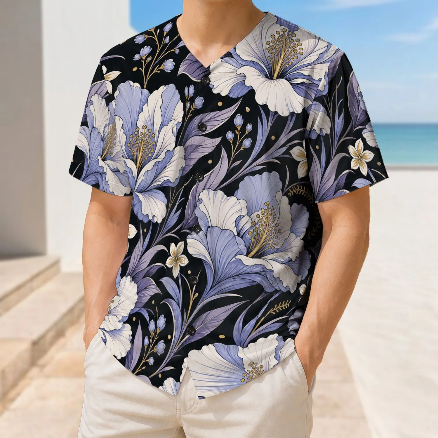 Tropical Ivory And Periwinkle Flowers For Beach Vacation And Resort Summer Style Baseball Jersey - 1