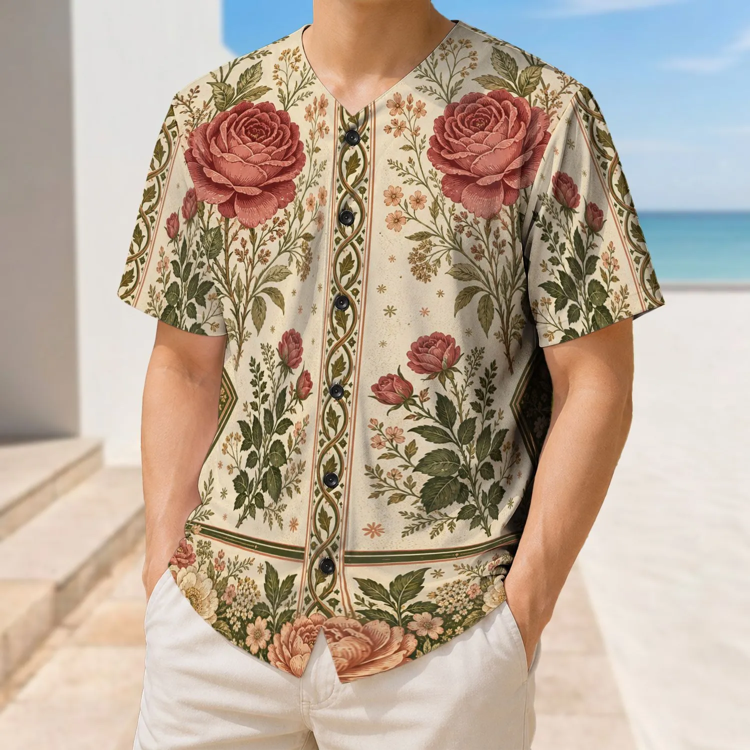 Vintage Rose Garden Varsity Florals For Cottagecore Fans, Spring Events And Game Day Style Baseball Jersey - 1