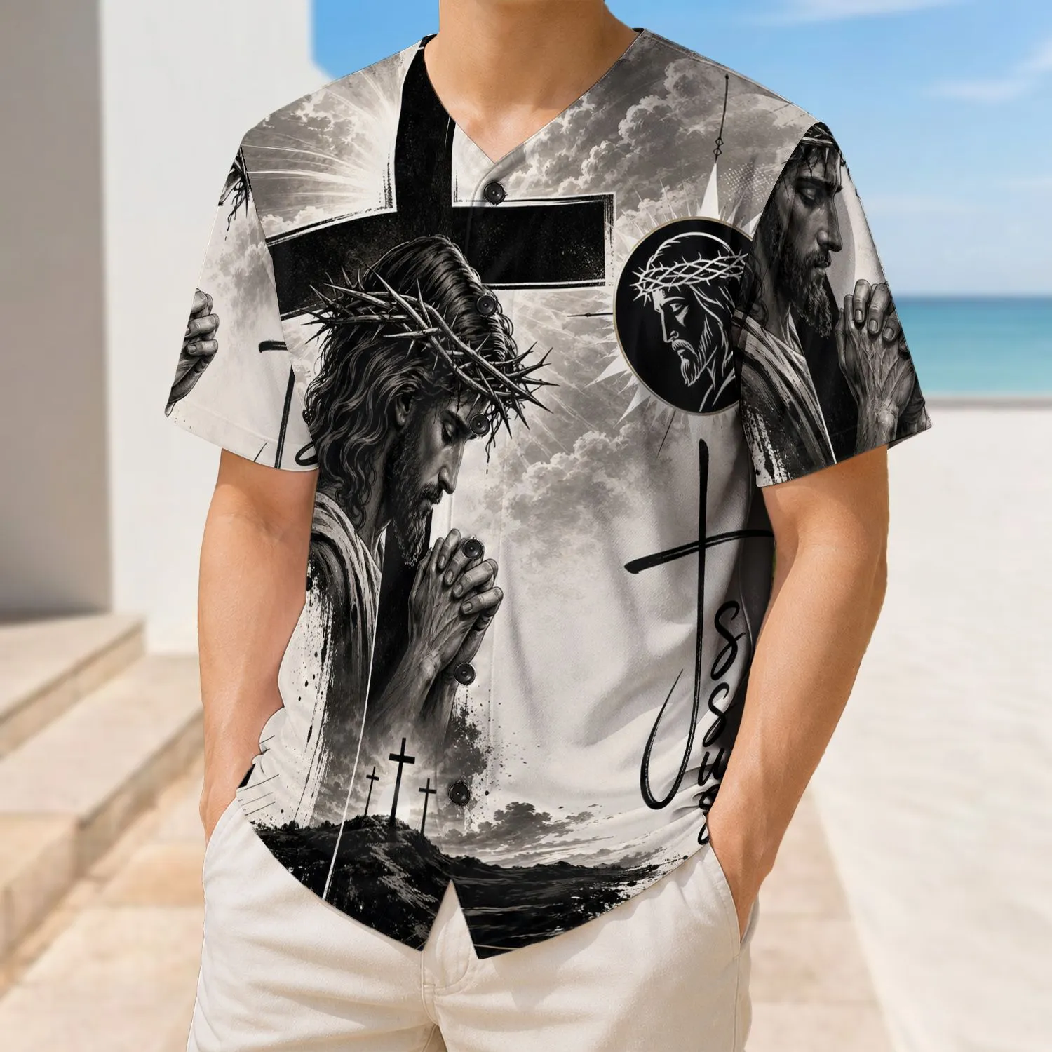 Jesus Prayer Cross Faith Athletic Style for Church Youth Worship Christian Men's Wear Baseball Jersey - 1