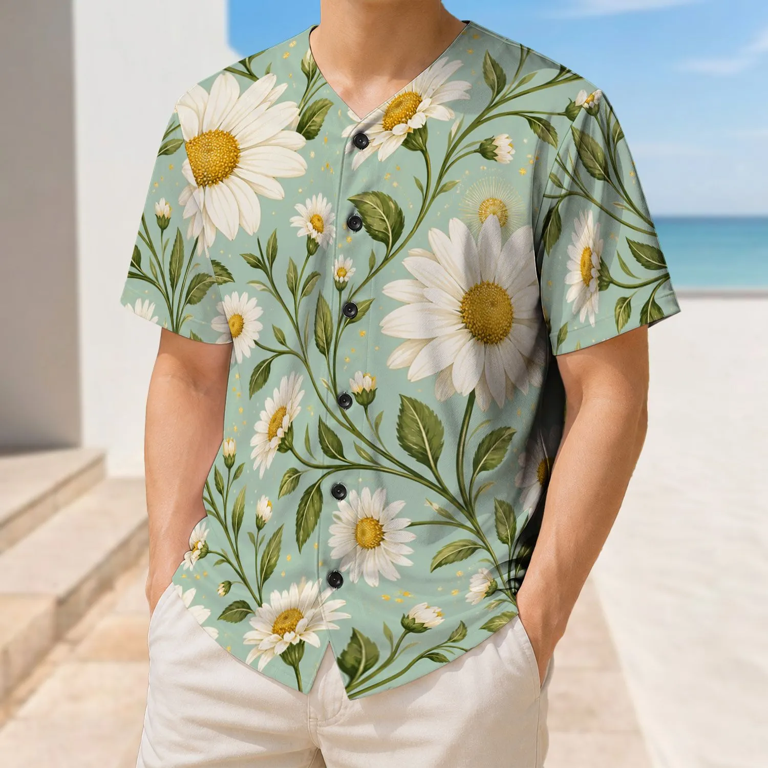 Seafoam Daisy Floral Garden For Spring Picnics, Garden Parties And Everyday Wear Baseball Jersey - 1
