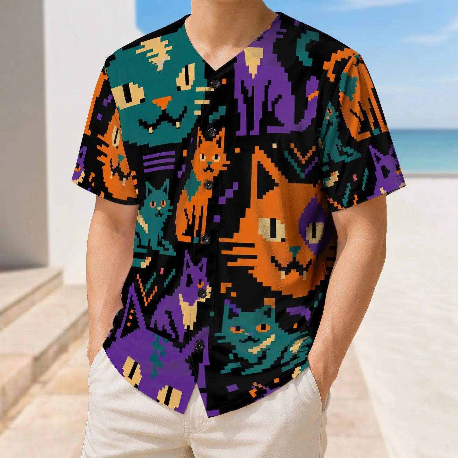 Pixel Art Cats for Game Days, Halloween Parties and Everyday Streetwear Cat Fans Baseball Jersey - 1