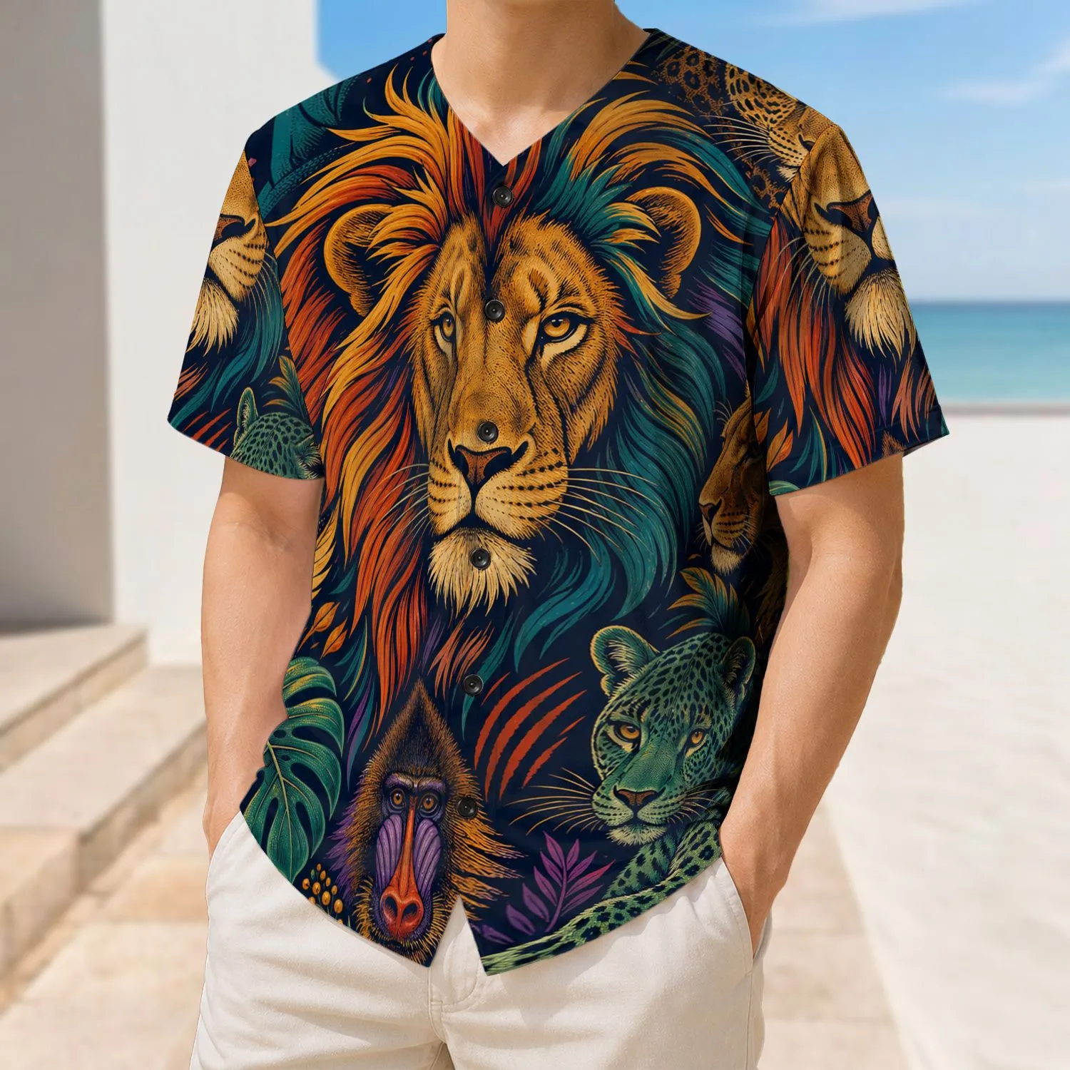 Regal Lion And Jungle Cats Look For Safari Festivals And Wildlife Lovers Daily Wear Baseball Jersey - 1