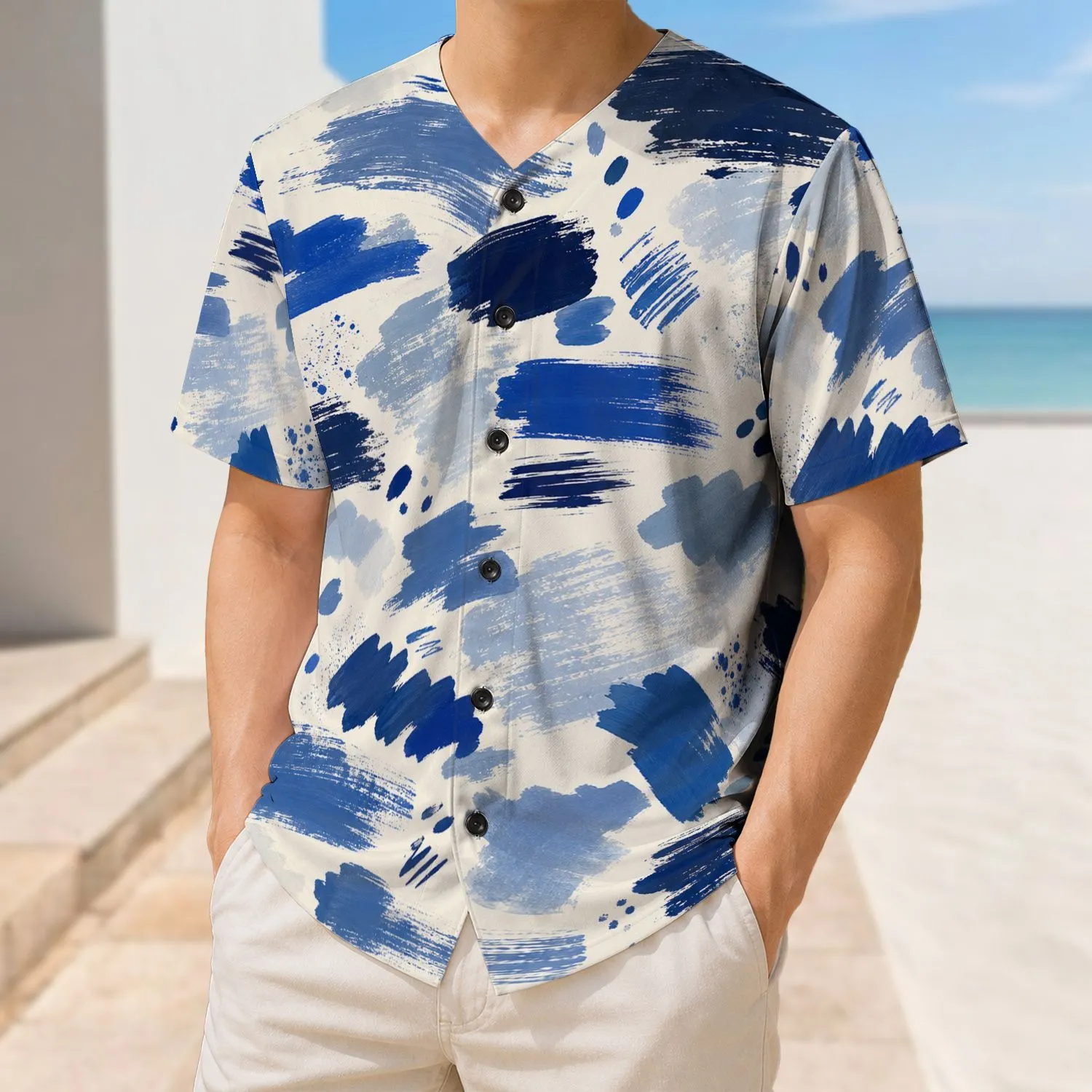 Blue Brush Camo Athletic Style For Game Day Travel And Casual Streetwear Looks Baseball Jersey - 1