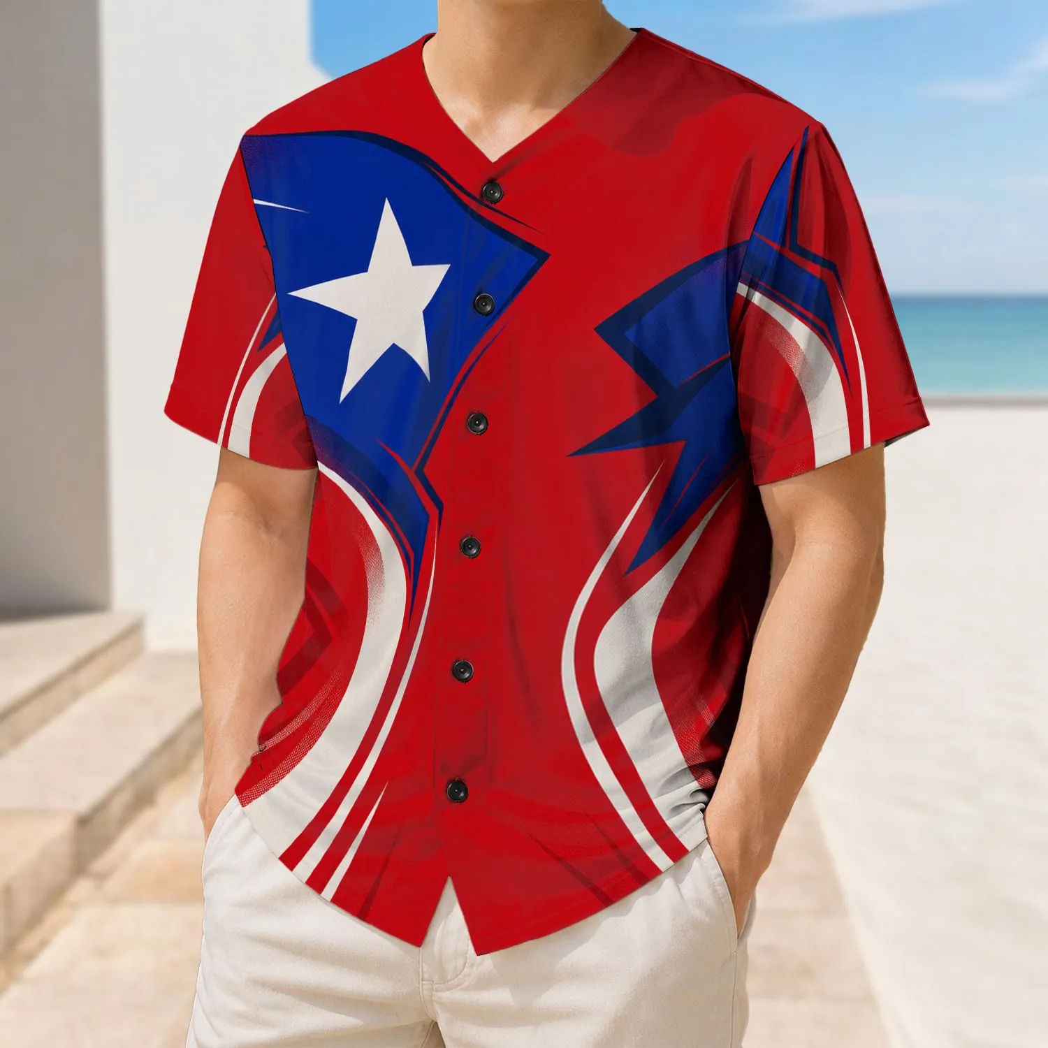 Crimson Blue Star Chevron Colorblock for Heritage Festivals and Streetwear Fans Baseball Jersey - 1