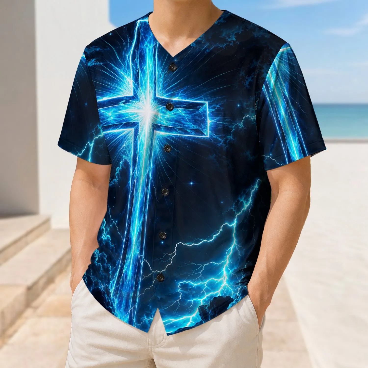 Luminous Blue Cross With Lightning Storm Clouds For Christian Night Worship Wear Baseball Jersey - 1