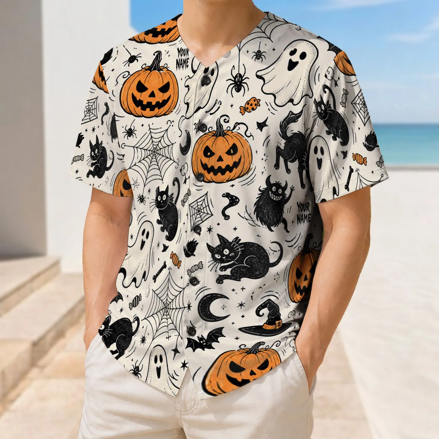 Spooky Halloween Pumpkins Ghosts And Black Cats For Fun Fall Team Spirit Adult Wear Baseball Jersey - 1
