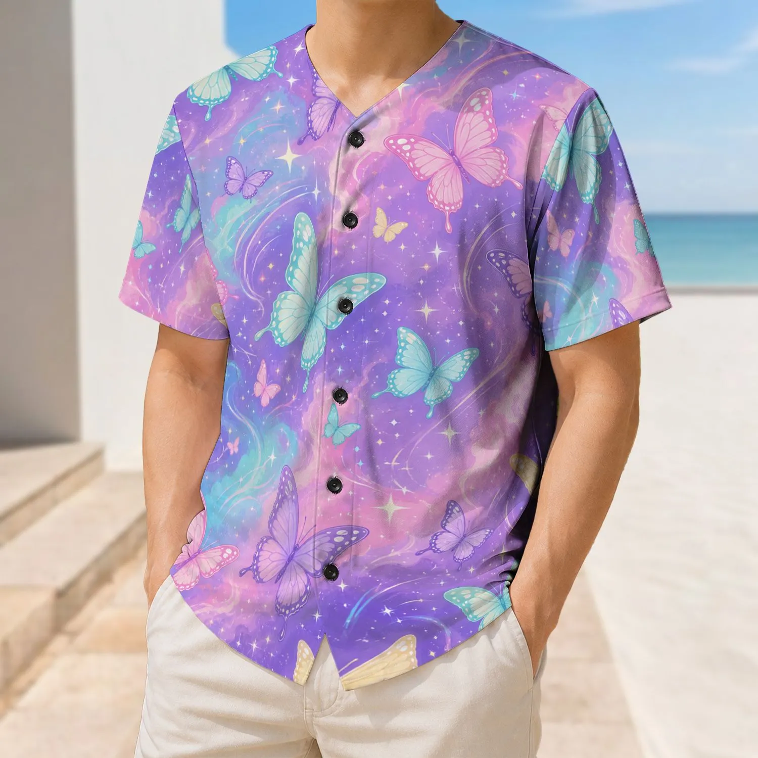 Pastel Tie Dye Galaxy Butterflies For Youth Sports, Festivals And Summer Casual Wear Baseball Jersey - 1
