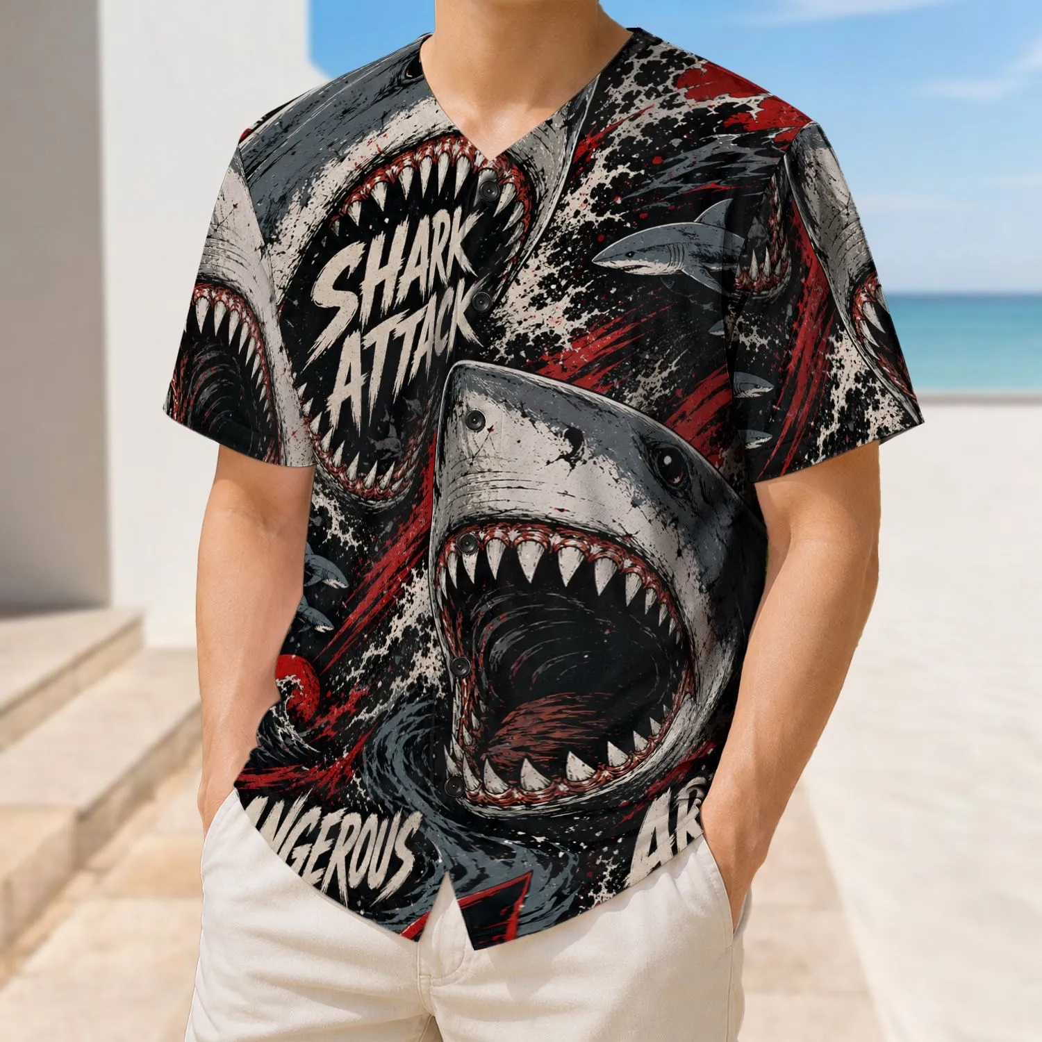 Great White Shark Attack Streetwear Look For Ocean Sports Fans And Horror Lovers Baseball Jersey - 1