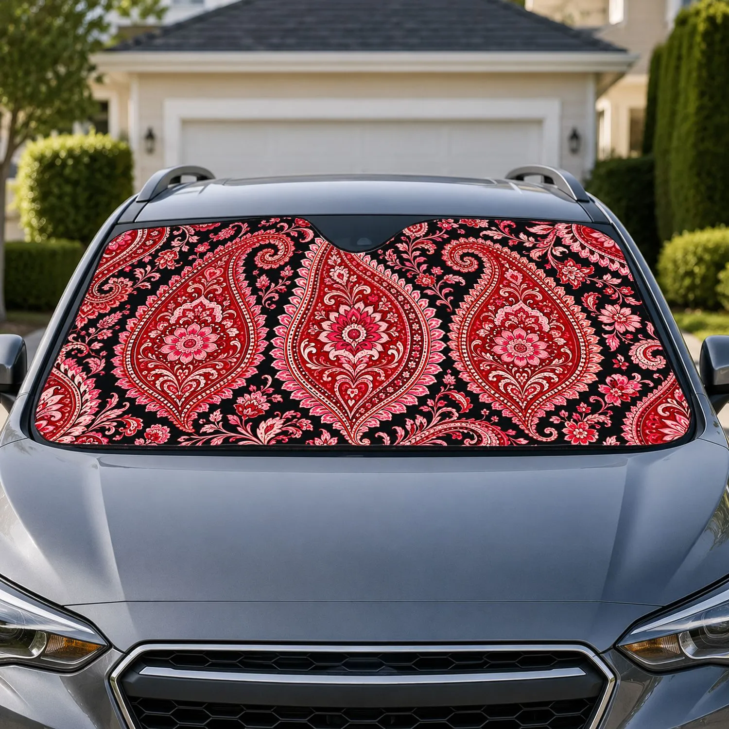 Scarlet Paisley Floral Motifs For Stylish Summer Commutes And Road Trip Car Decor Car Sunshade - 1