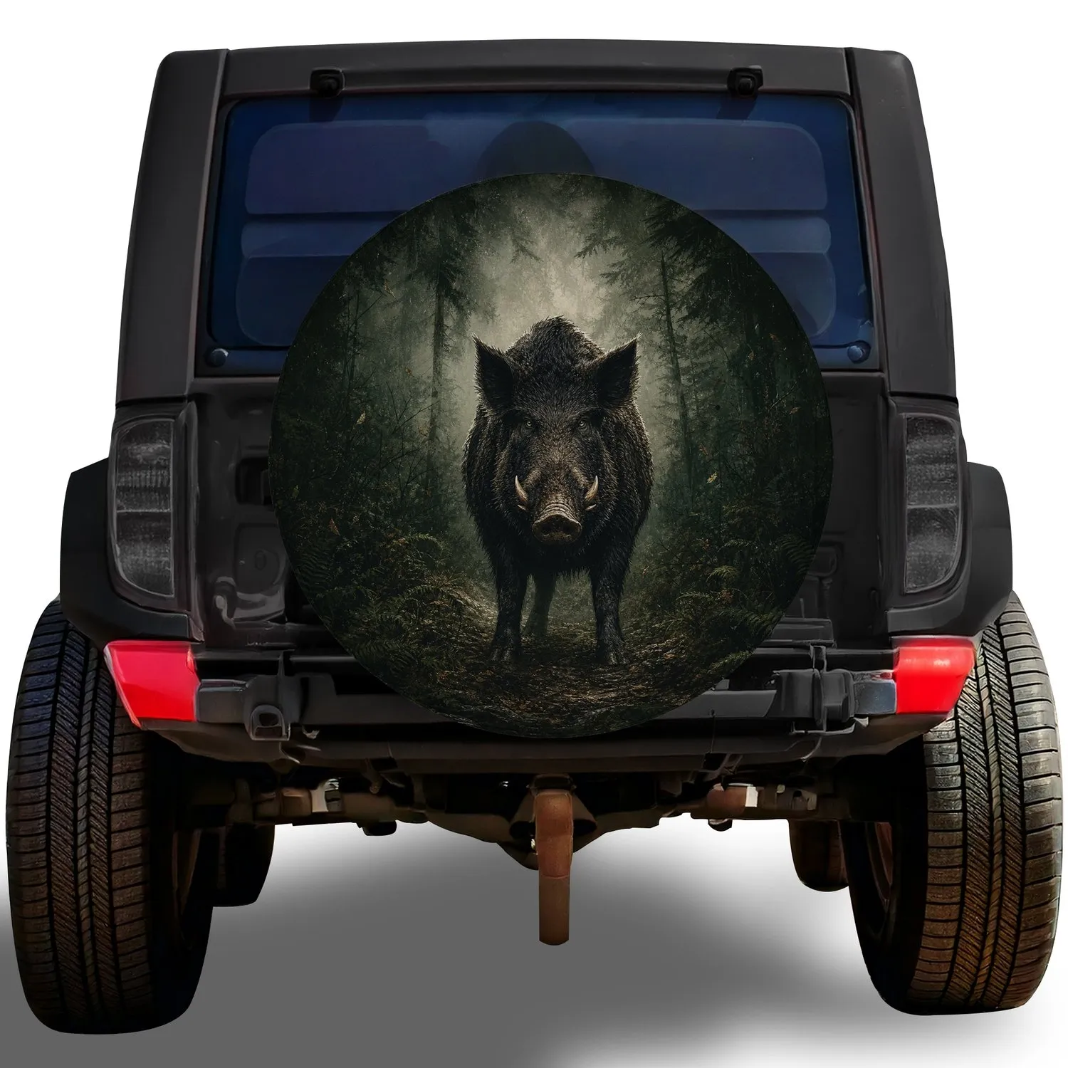 Wild Black Boar In Misty Forest For Off Road Hunting, Camping And Outdoor Adventures Spare Tire Cover - 1