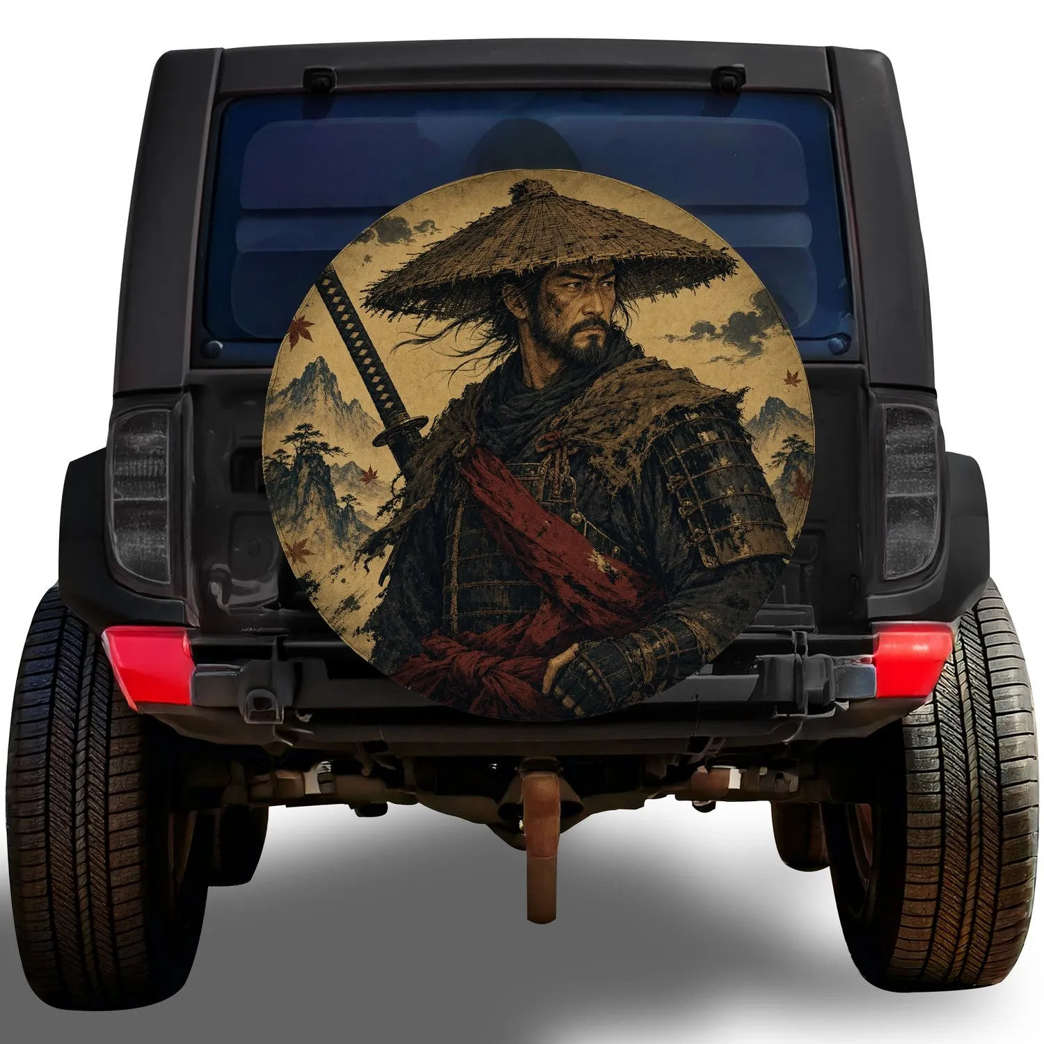 Vintage Samurai Warrior Japanese Adventure Poster for Off Road SUV Travel Enthusiasts Spare Tire Cover - 1