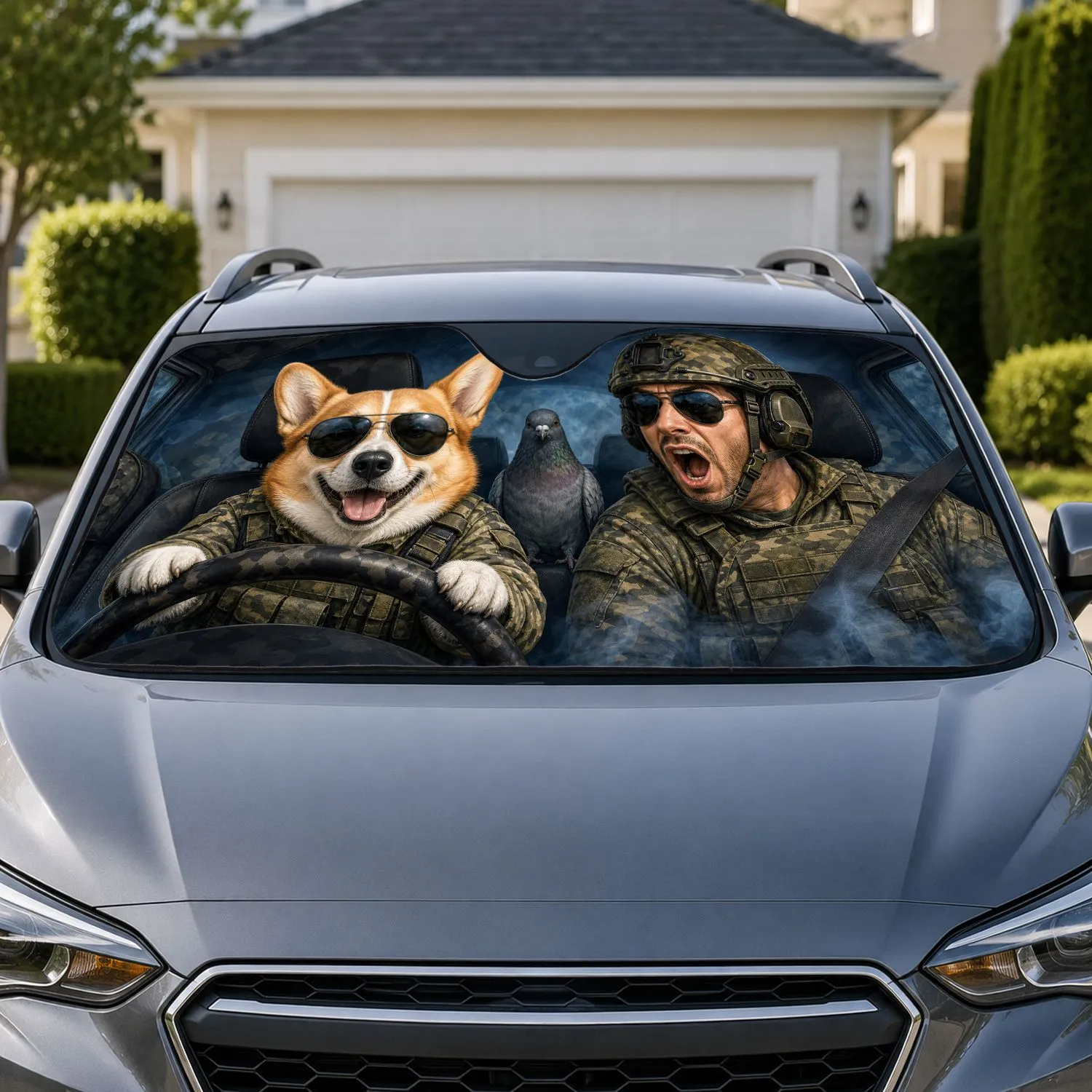 Corgi Aviator Soldier And Pigeon Tactical Road Trip Decor For Military Dog Fans Car Sunshade - 1