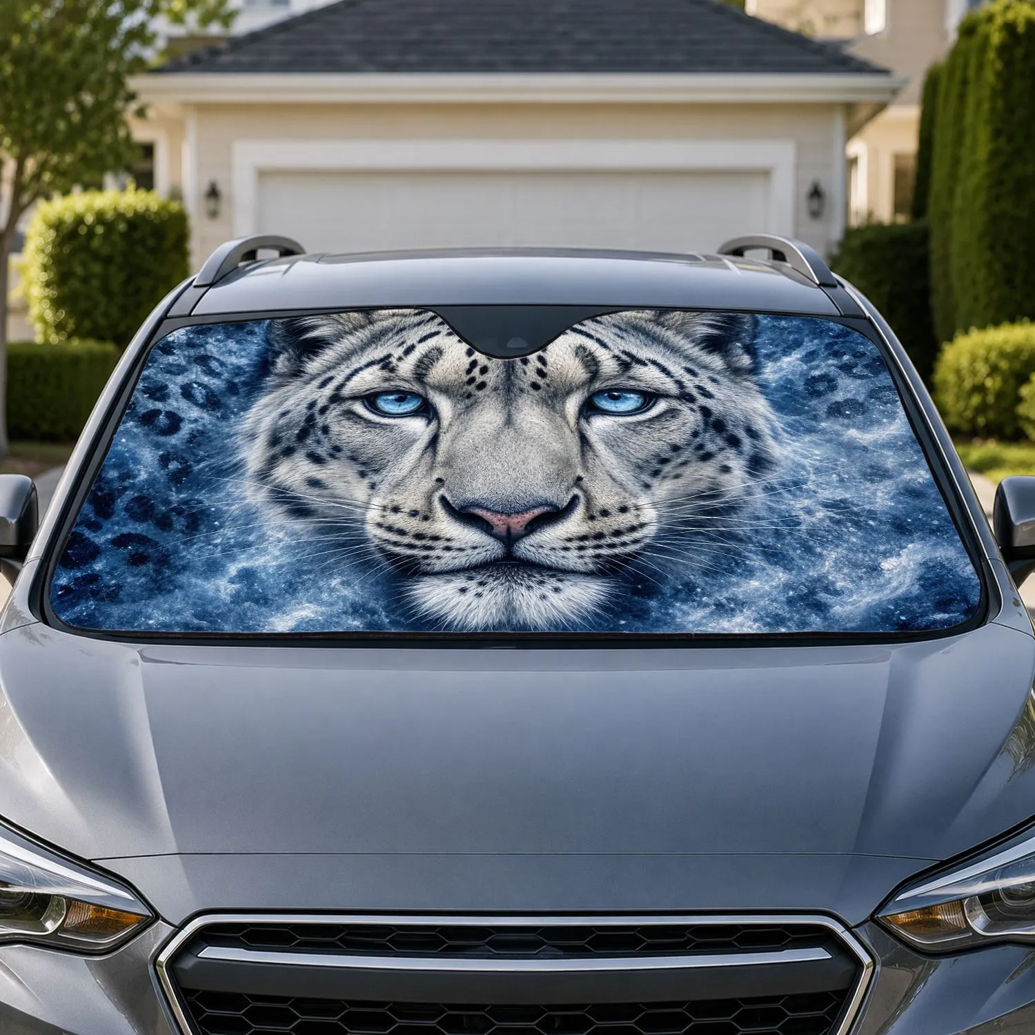 Snow Leopard Blue Eyes Winter Wildlife Gift for Animal Lovers and Car Enthusiasts Car Sunshade - 1