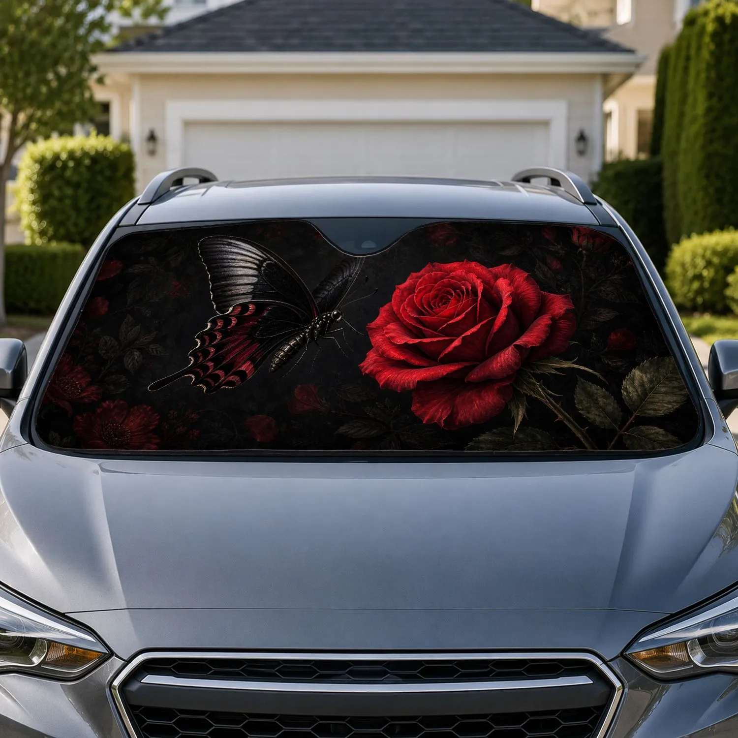 Black Swallowtail Butterfly And Crimson Rose Gothic Floral Decor For Dark Romantic Drivers Car Sunshade - 1