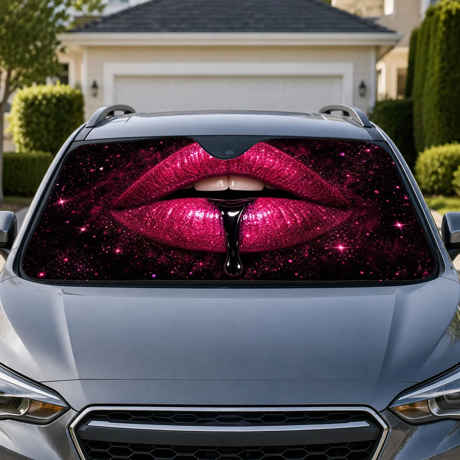 Glitter Fuchsia Lips With Black Gloss Drip for Glam Daily Commutes and Beauty Lovers Car Sunshade - 1