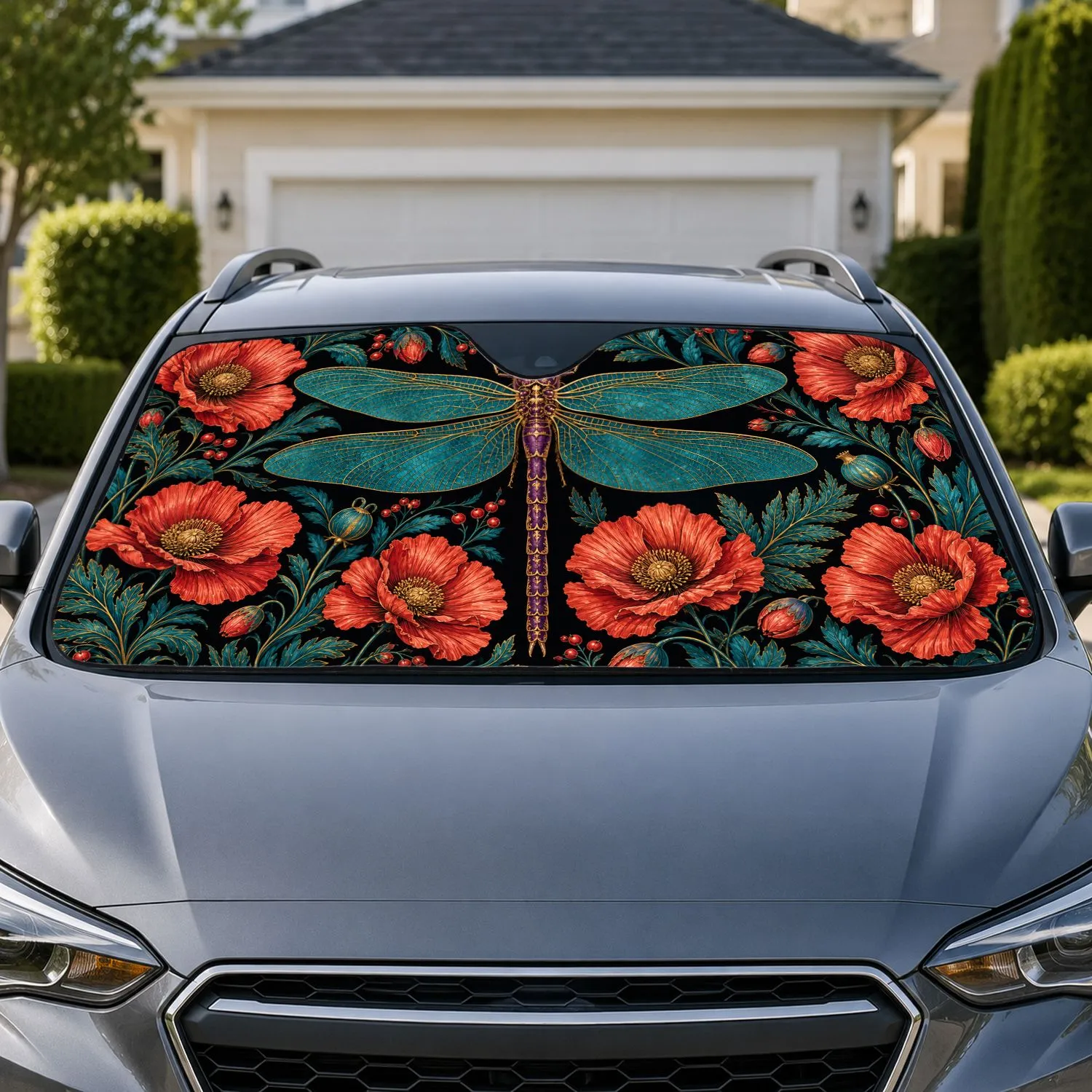Dragonfly And Coral Poppies For Summer Road Trips And Daily Commutes Nature Lovers Car Sunshade - 1