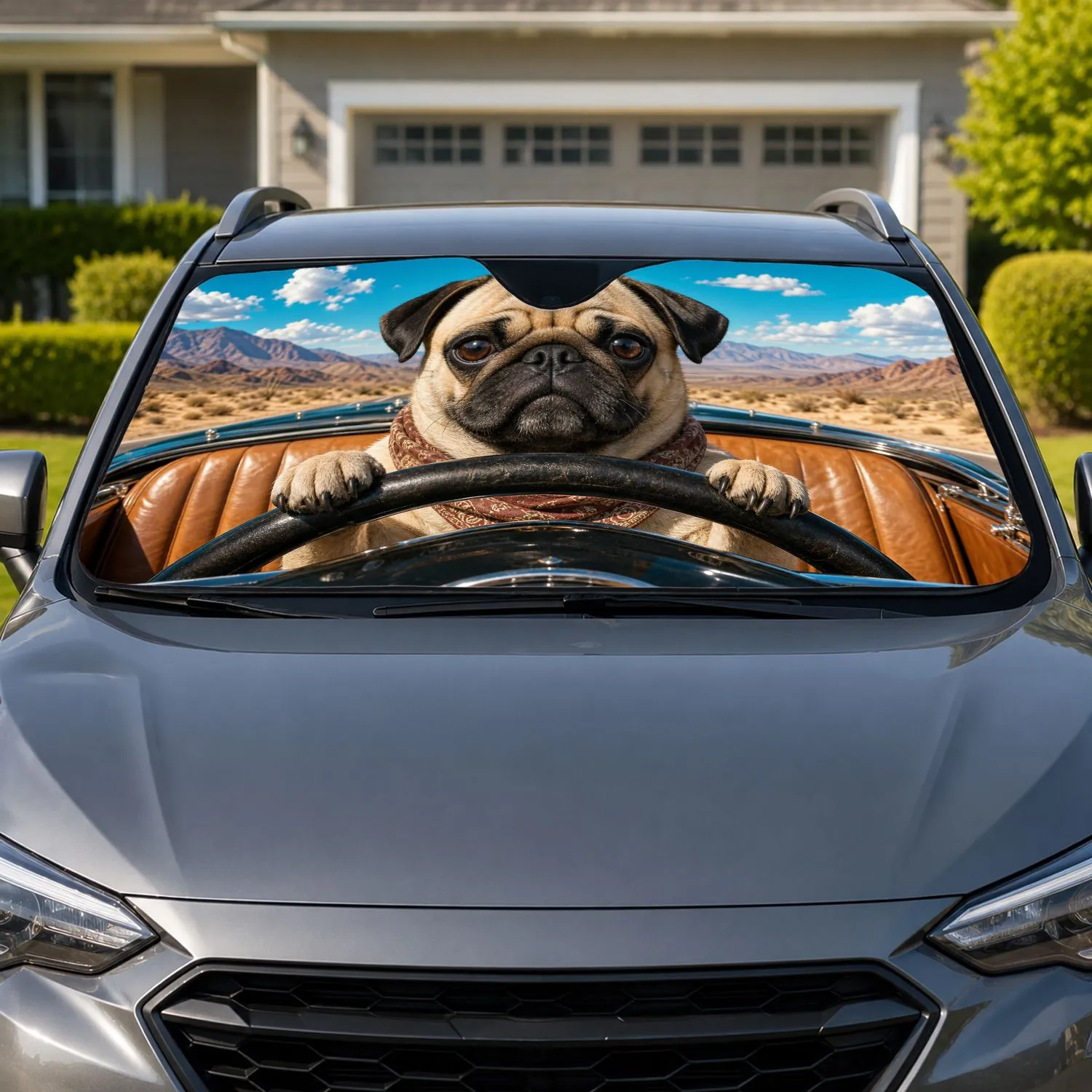 Pug Driving Classic Roadster Desert Road Trip Adventure For Dog Lovers Car Sunshade - 1