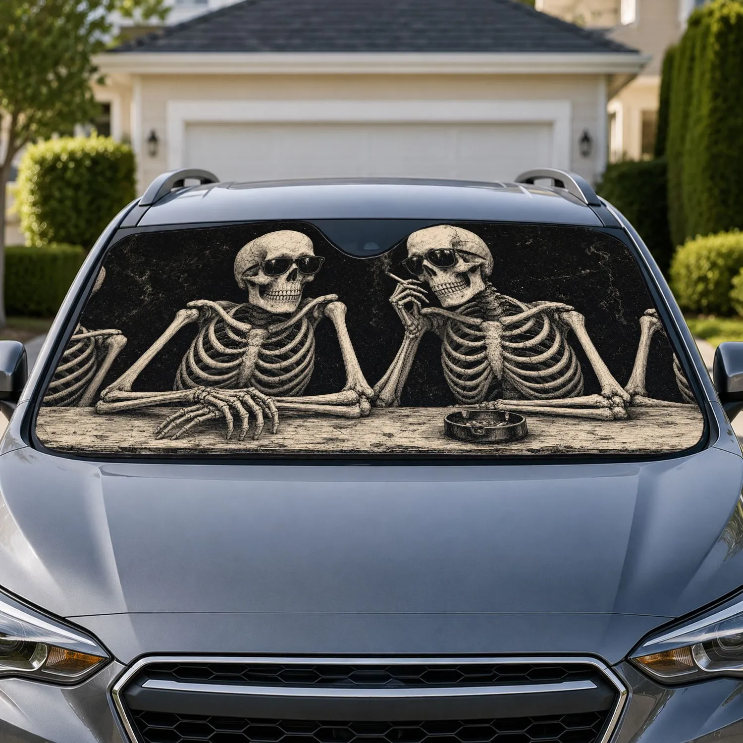 Vintage Skeleton Duo In Sunglasses For Gothic Road Trips And Halloween Driver Fans Car Sunshade - 1