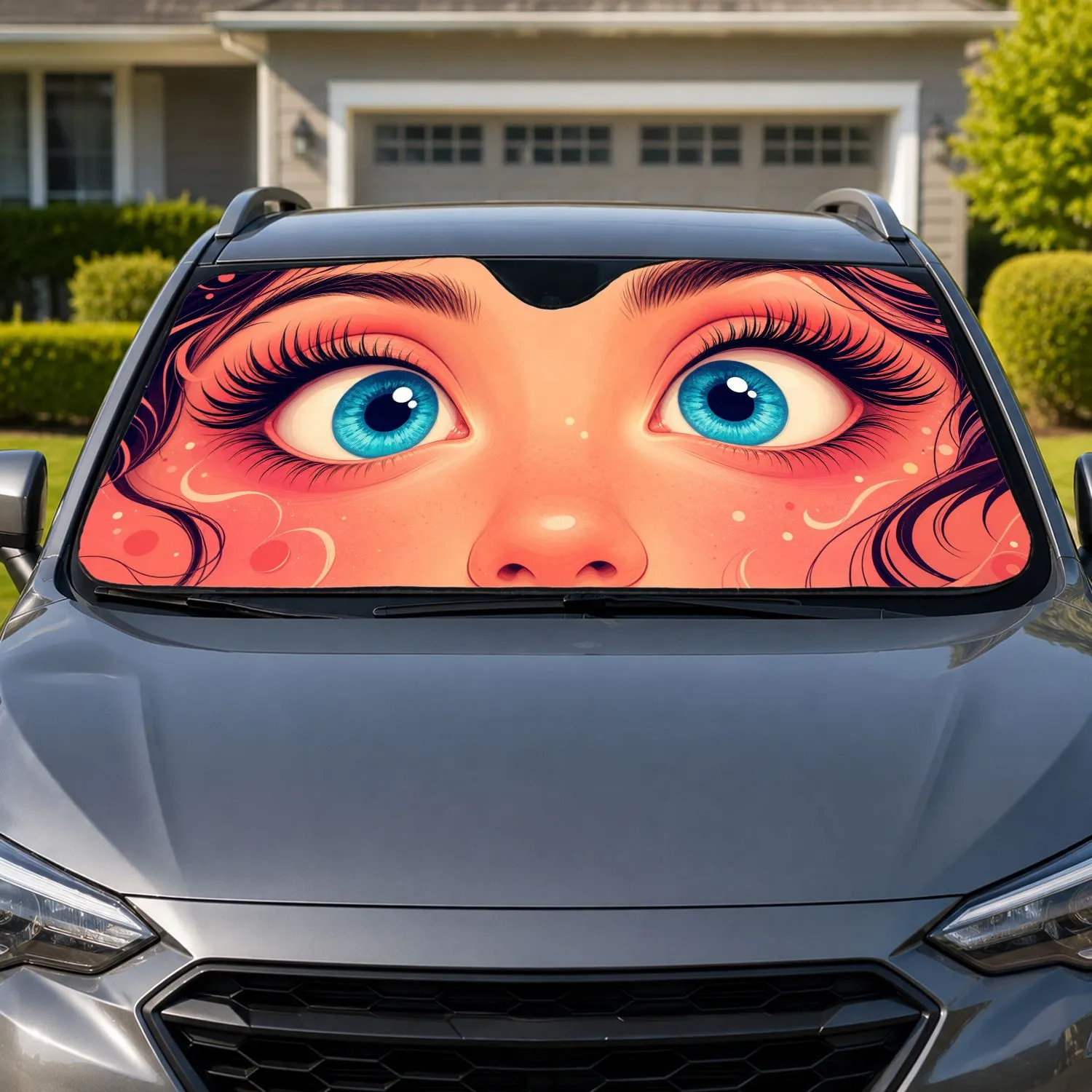Turquoise Blue Eyes Peach Pink Face UV Blocking Cute Auto Accessory for Women Drivers Car Sunshade - 1
