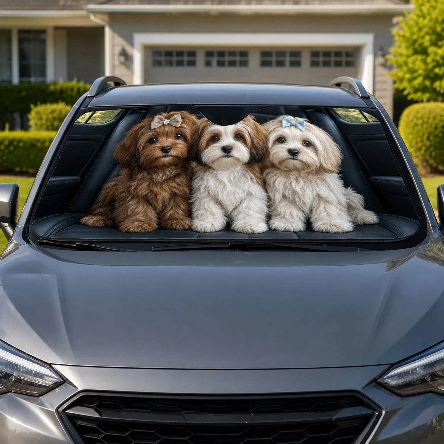 Three Long-Haired Puppies With Bows for Dog Lovers' Daily Commutes and Road Trips Car Sunshade - 1