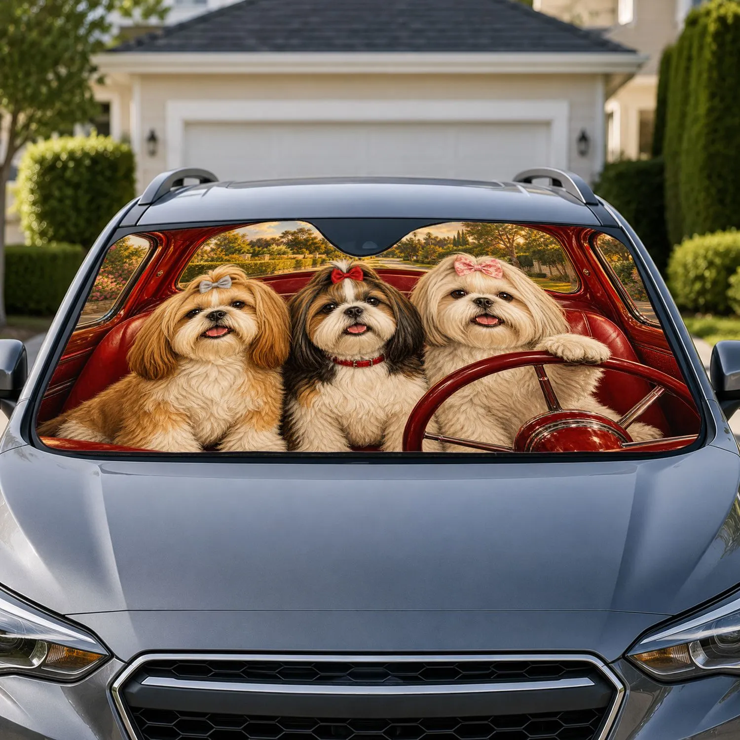 Three Shih Tzu Dogs in a Red Vintage Roadster for Fun Weekend Road Trips and Dog Mom Gifts Car Sunshade - 1