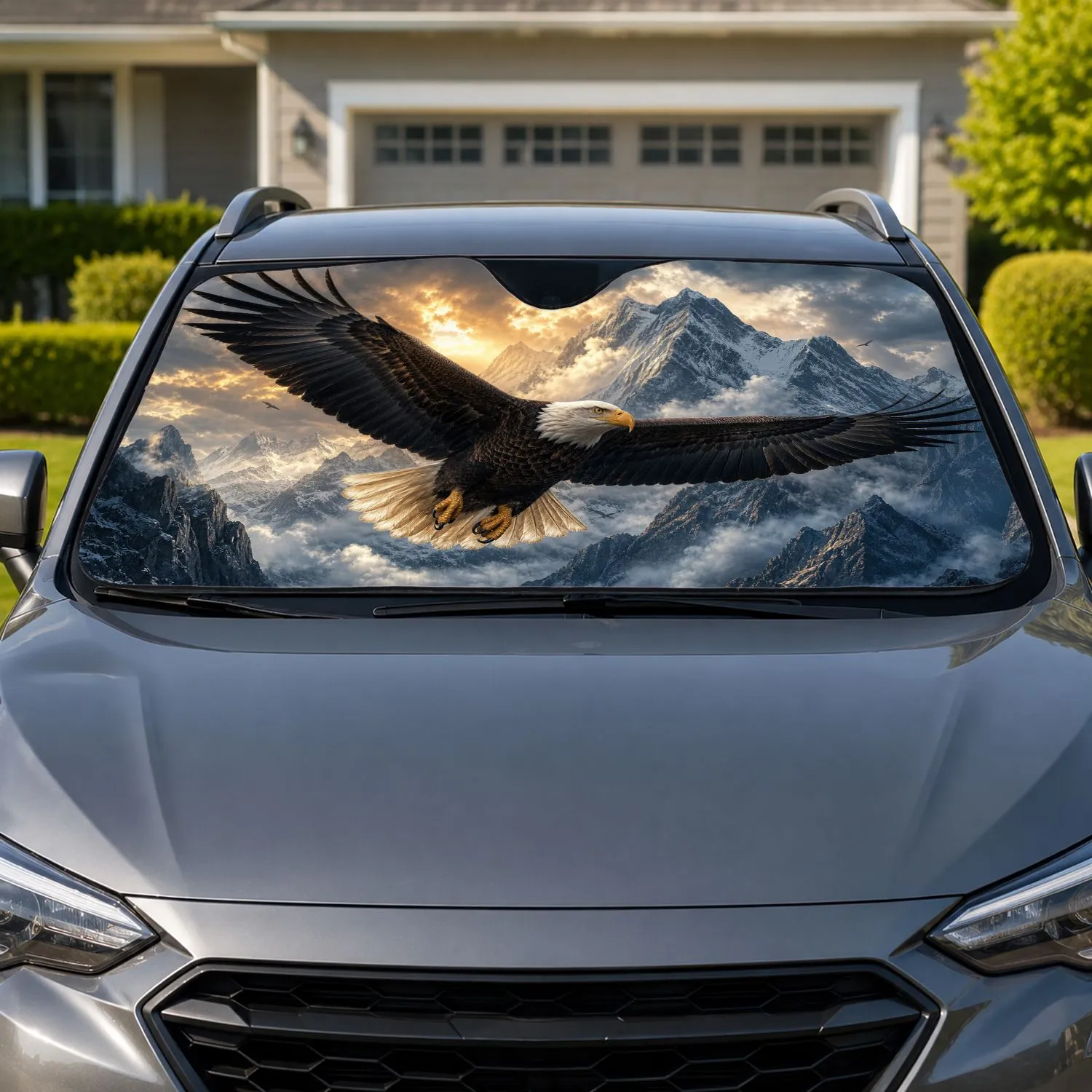 Majestic Bald Eagle Over Snowy Alpine Mountains For Patriotic Road Trip Enthusiasts Car Sunshade - 1
