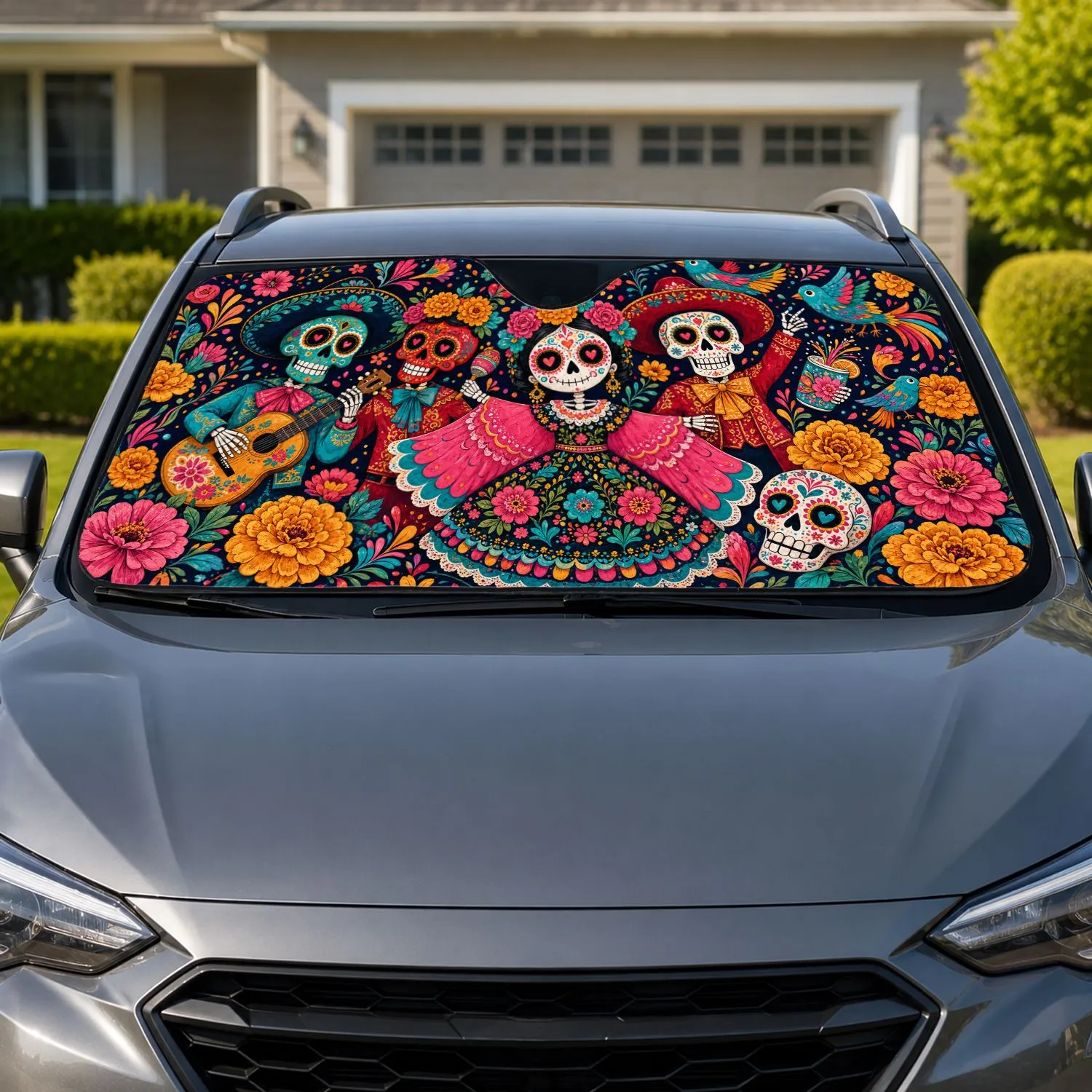 Day Of The Dead Catrina Family Floral Decor For Fiesta Lovers And Halloween Drives Car Sunshade - 1