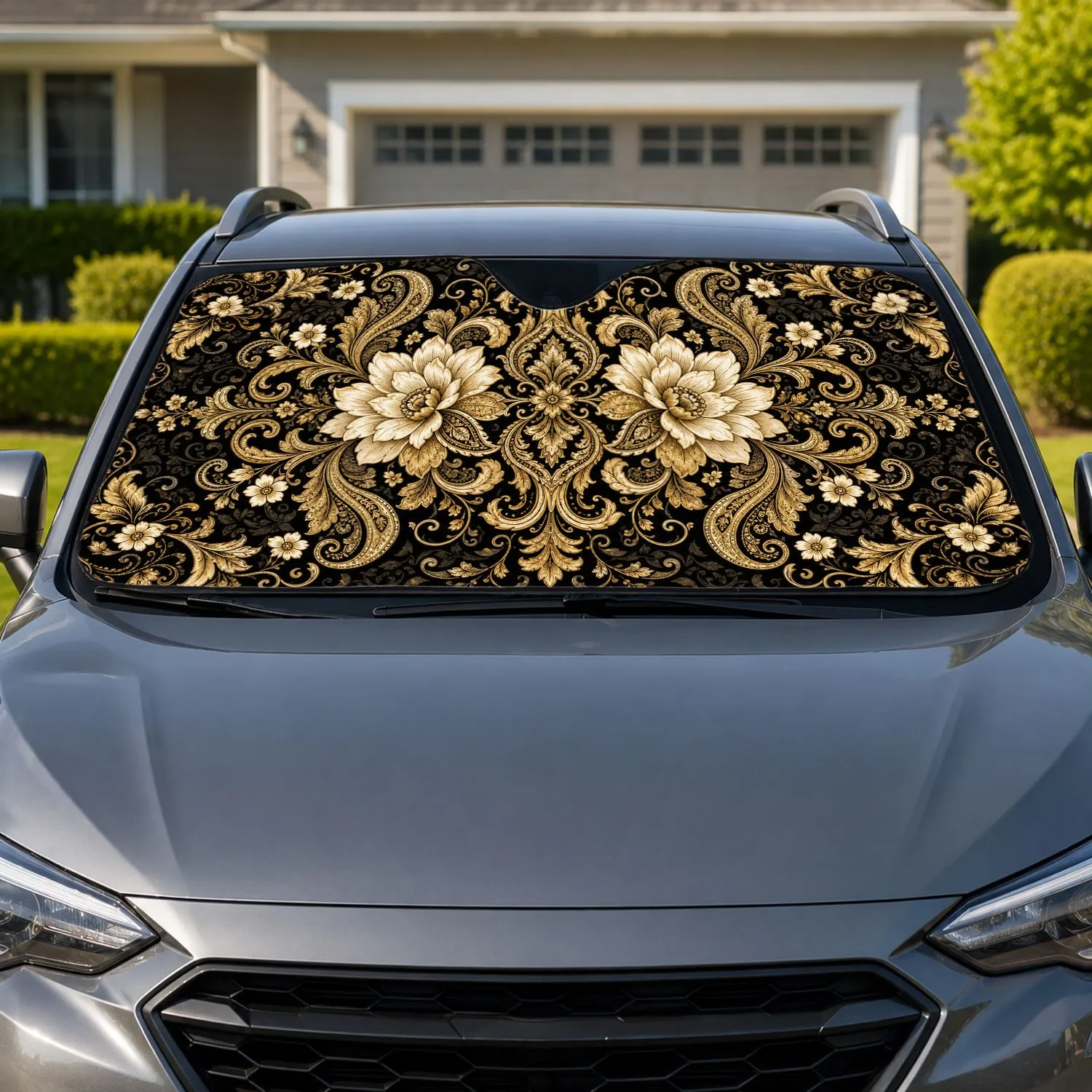 Antique Gold Paisley Florals for Elegant Daily Driving and Luxury Vehicle Interiors Car Sunshade - 1
