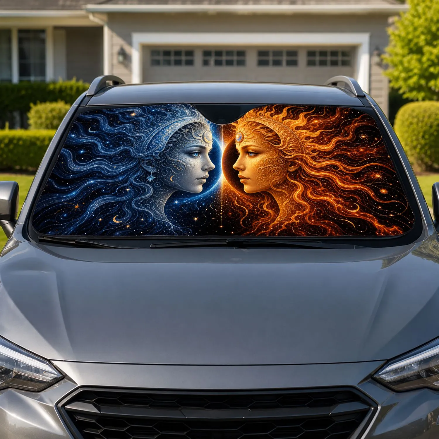 Celestial Sun And Moon Eclipse Fantasy for Mystical Road Trip Style and Daily Commutes Car Sunshade - 1