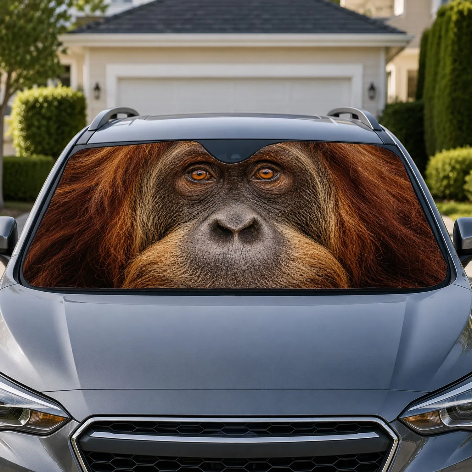 Realistic Orangutan Face With Amber Eyes For Animal Lovers And Safari Style Vehicles Car Sunshade - 1