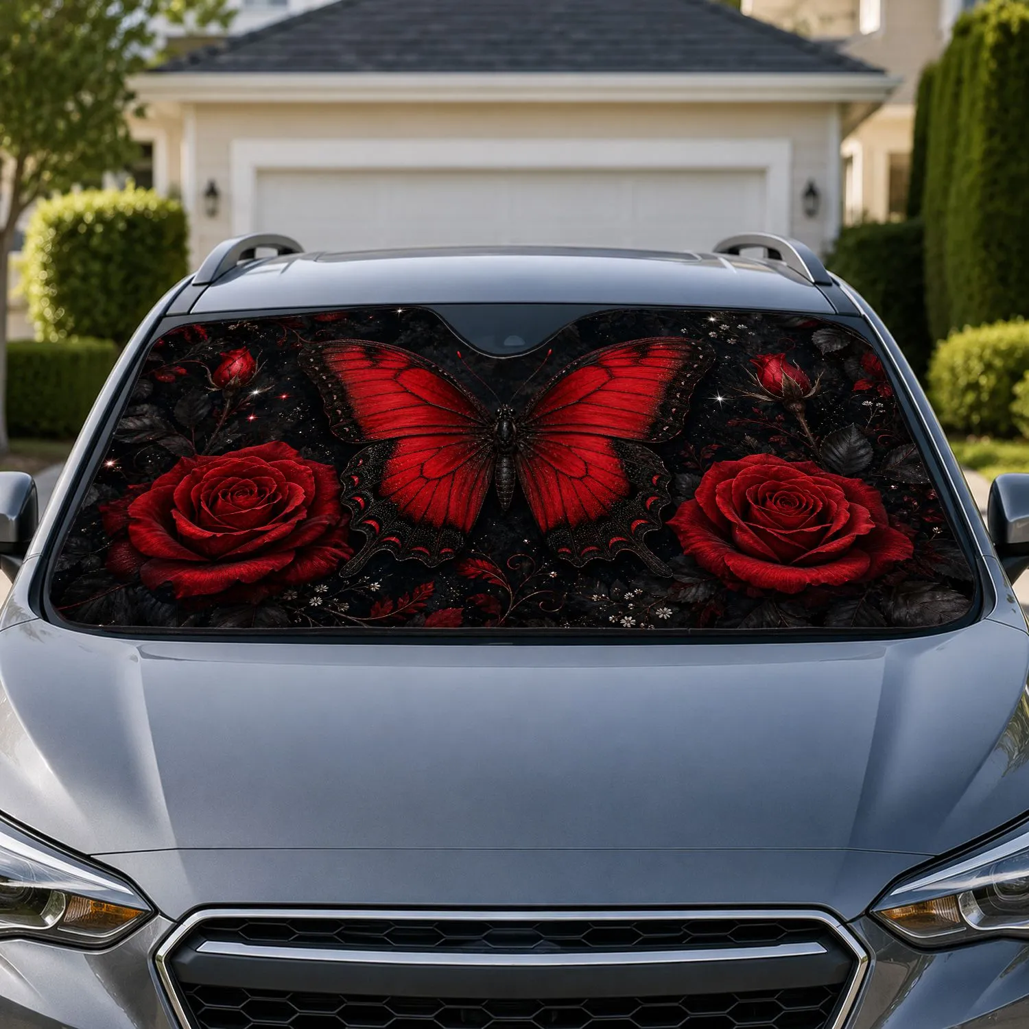 Red Rose Butterfly Gothic Floral Accent For Daily Driving And Dark Romantic Style Car Sunshade - 1