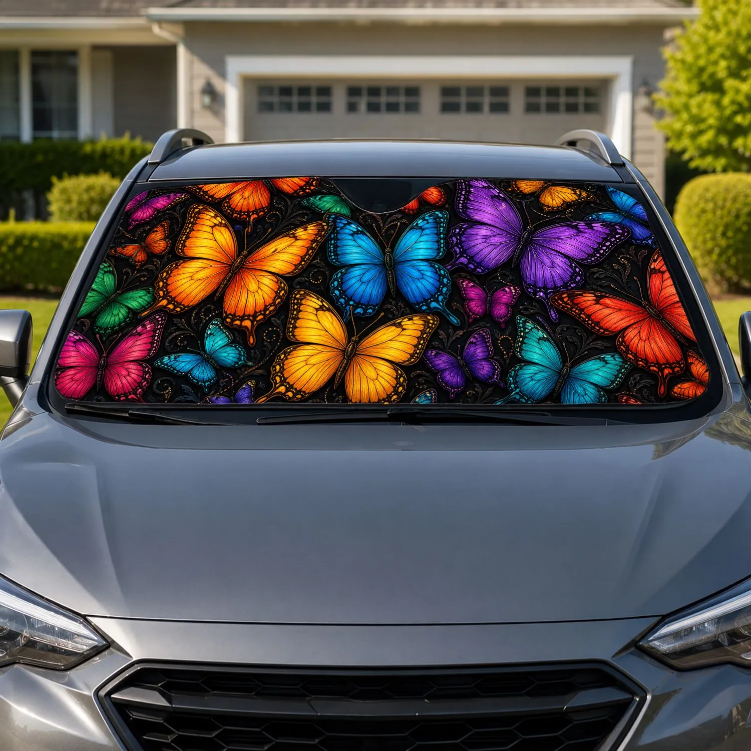 Vibrant Jewel Tone Butterflies for Summer Road Trips, Commuters, and Nature Lovers Car Sunshade - 1