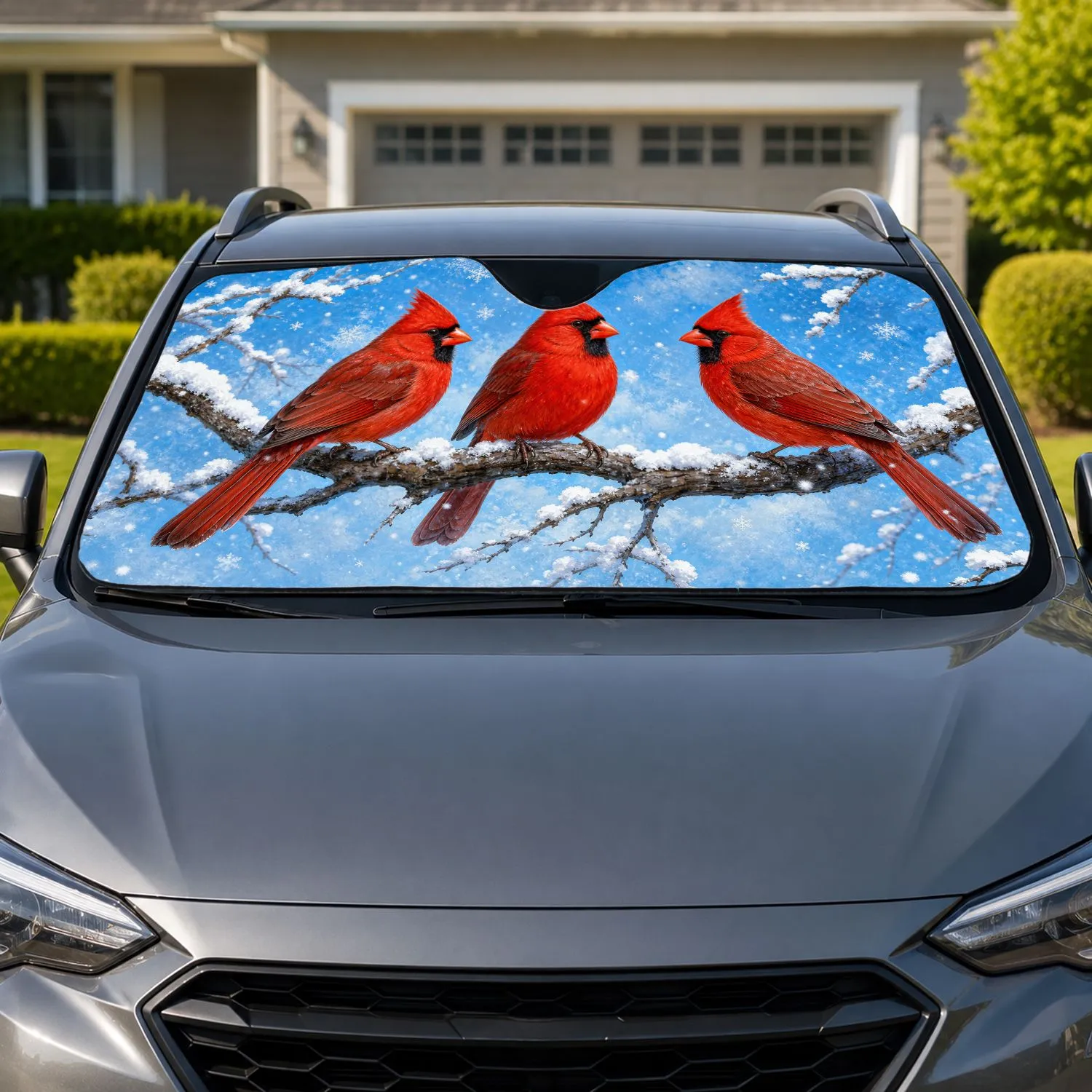 Three Red Cardinals On Snowy Winter Branches For Christmas Holiday Road Trip Decor Car Sunshade - 1