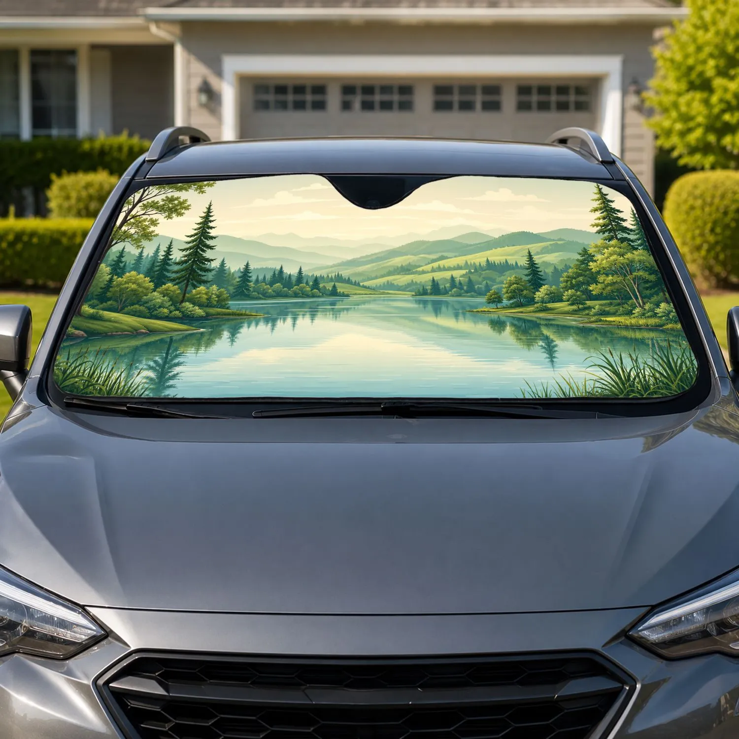 Serene Lakeside Valley Forest Scene for Peaceful Everyday Road Trips and Nature Lovers Car Sunshade - 1