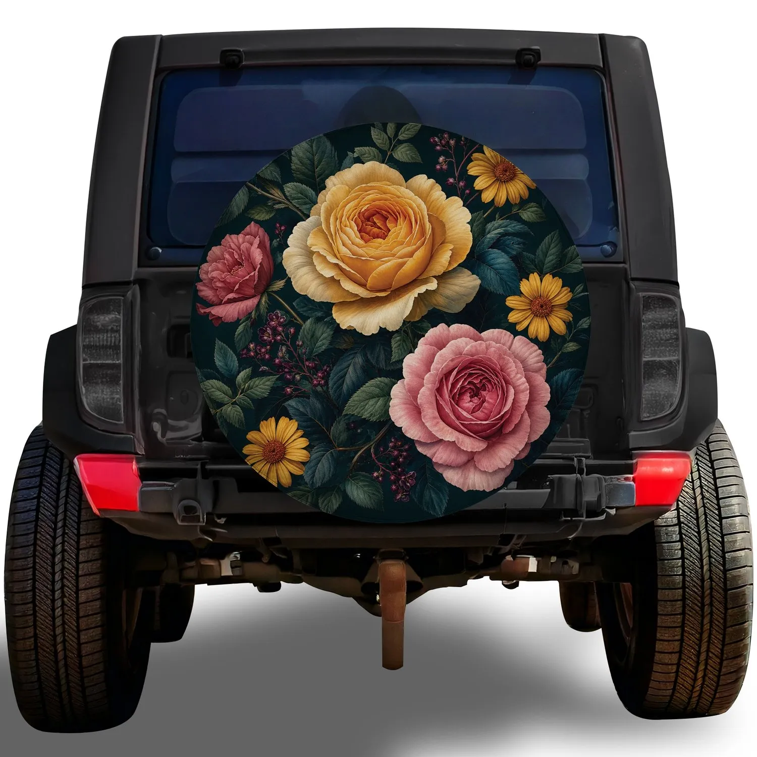 Midnight Teal Rose Bouquet With Golden Wildflowers For Nature Loving SUV Drivers Spare Tire Cover - 1
