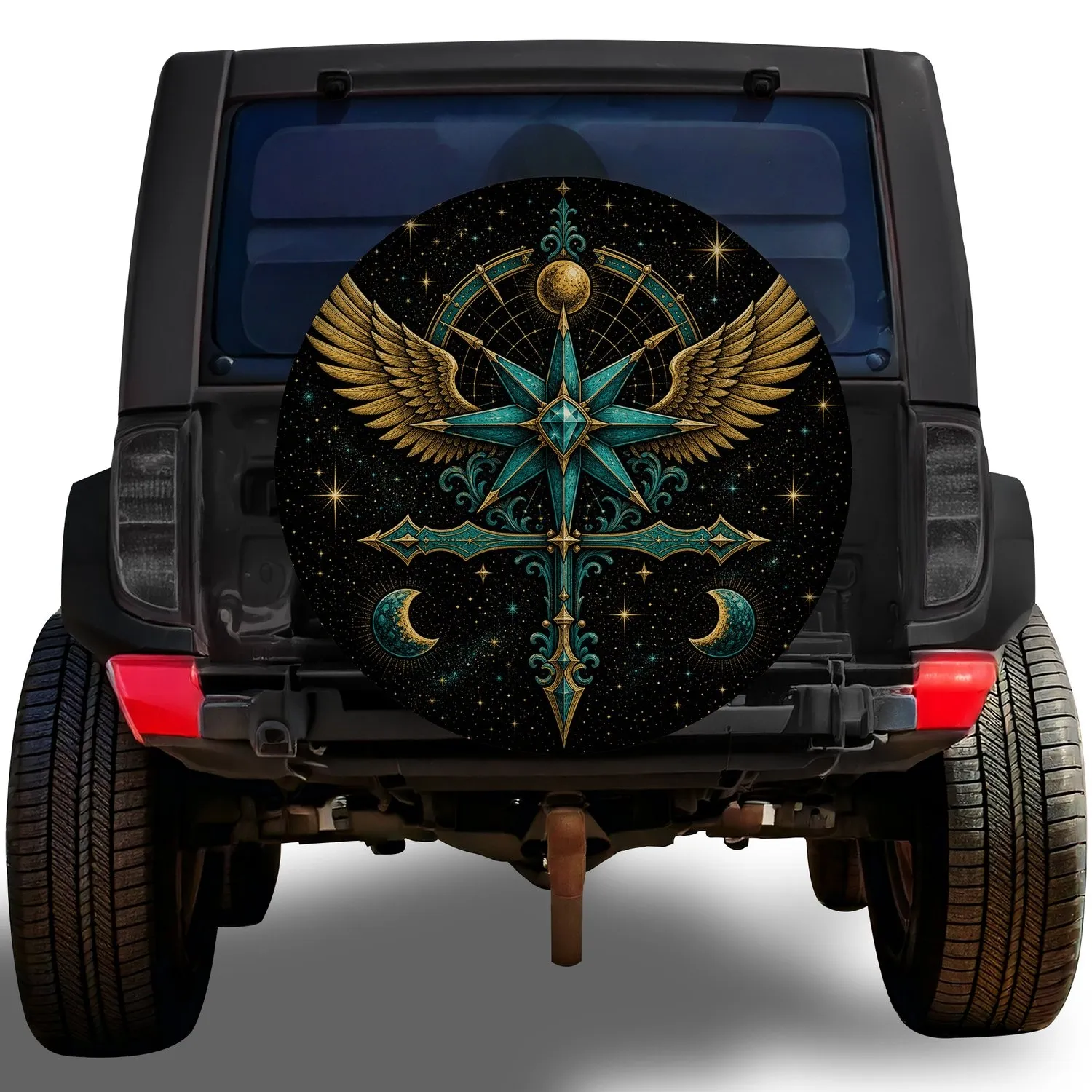 Celestial Compass Rose With Golden Wings For Mystic Road Trip Adventure Travelers Spare Tire Cover - 1