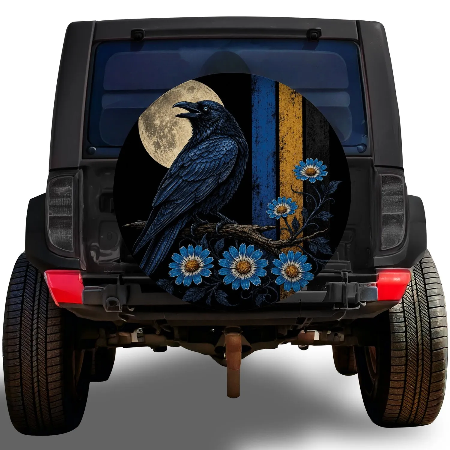 Midnight Raven Moon And Blue Daisy Gothic Road Trip Decor For Bird Lovers Gift Idea Spare Tire Cover - 1