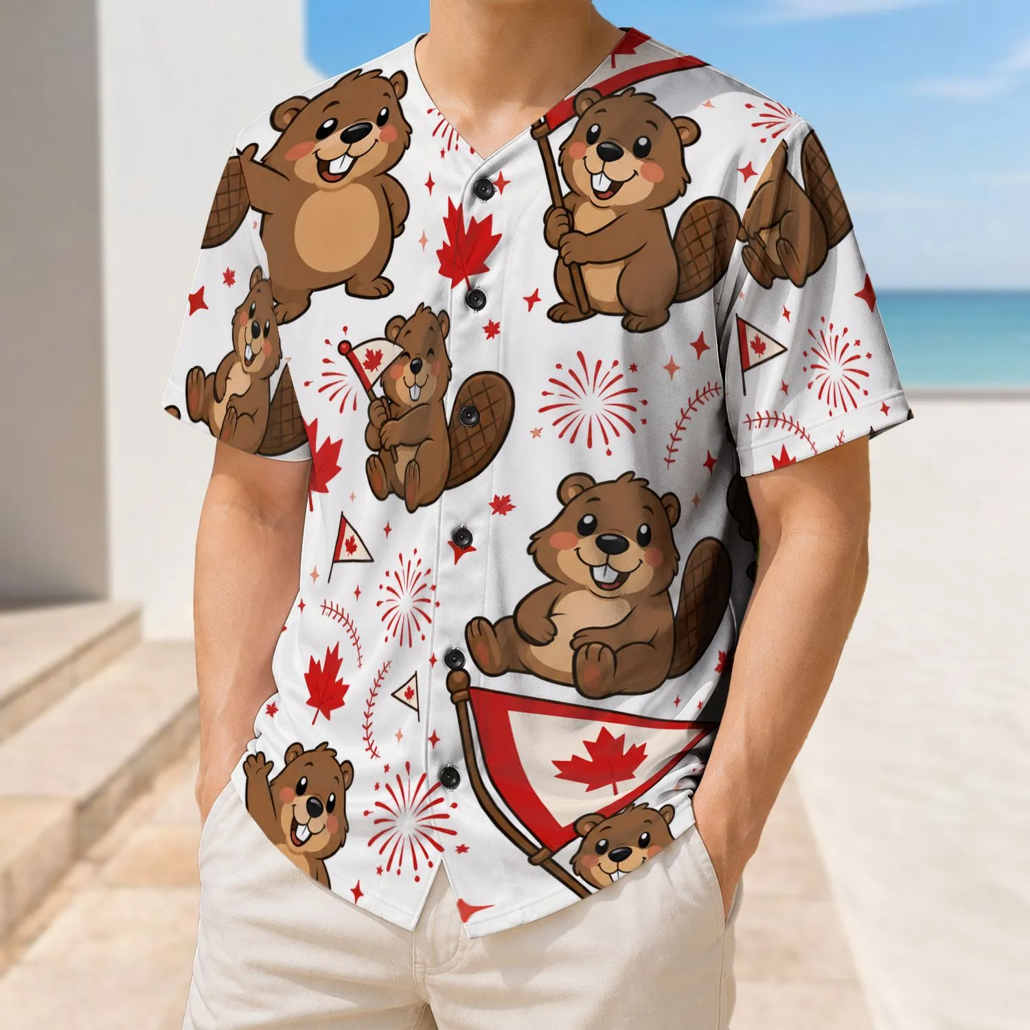 Festive Cute Canadian Beavers With Maple Leaves for Canada Day Ballpark Celebrations Baseball Jersey - 1