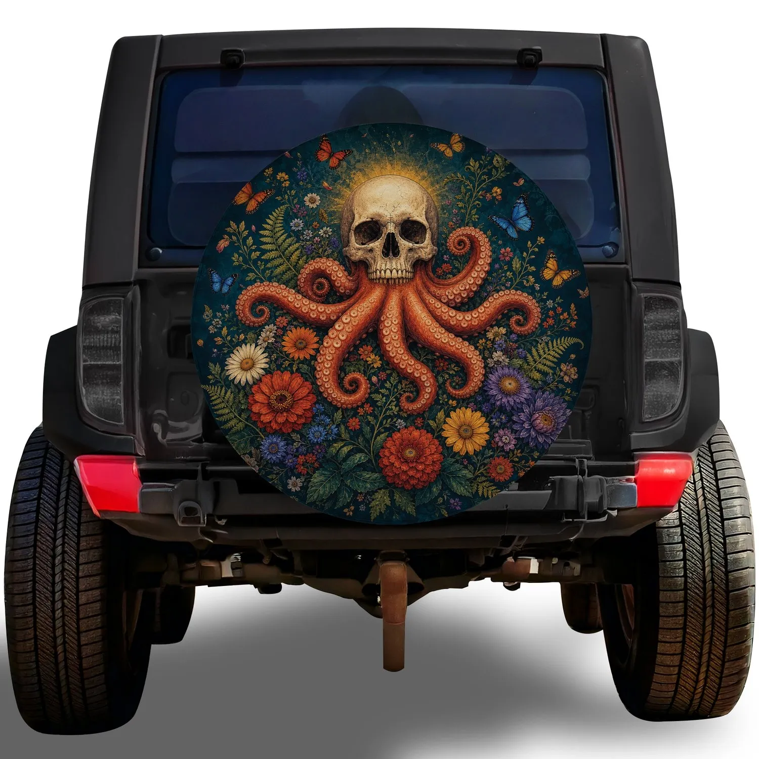 Octopus Skull Floral Butterflies For Gothic Beach Road Trips And Coastal Adventurers Spare Tire Cover - 1
