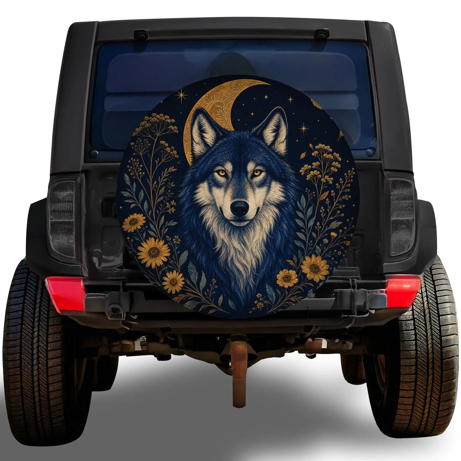 Blue Wolf Crescent Moon Botanical Night Decor For Outdoor Adventure Vehicle Owners Spare Tire Cover - 1