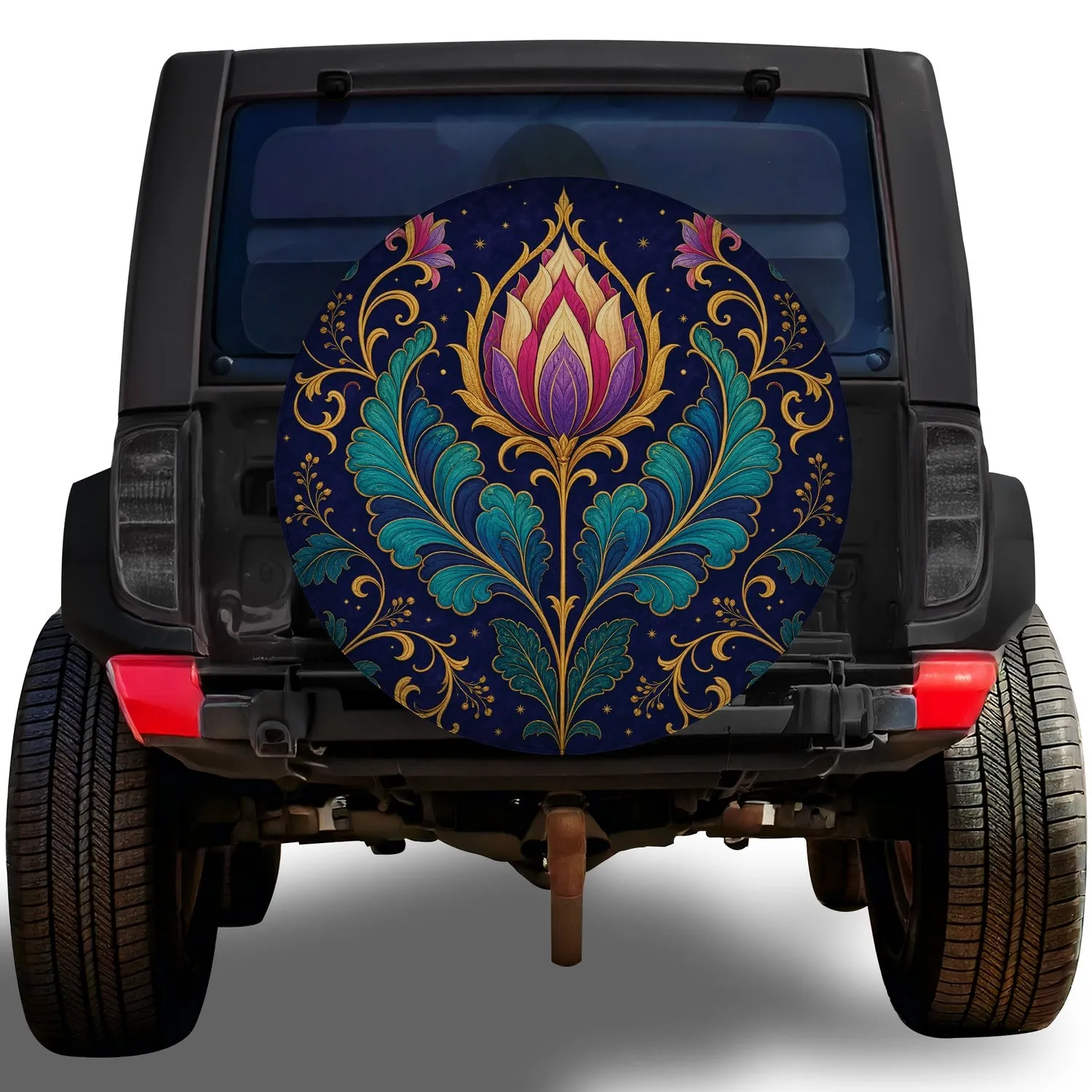 Royal Blue Lotus With Teal Leaves And Gold Filigree For Luxe Road Trips For SUV Owners Spare Tire Cover - 1