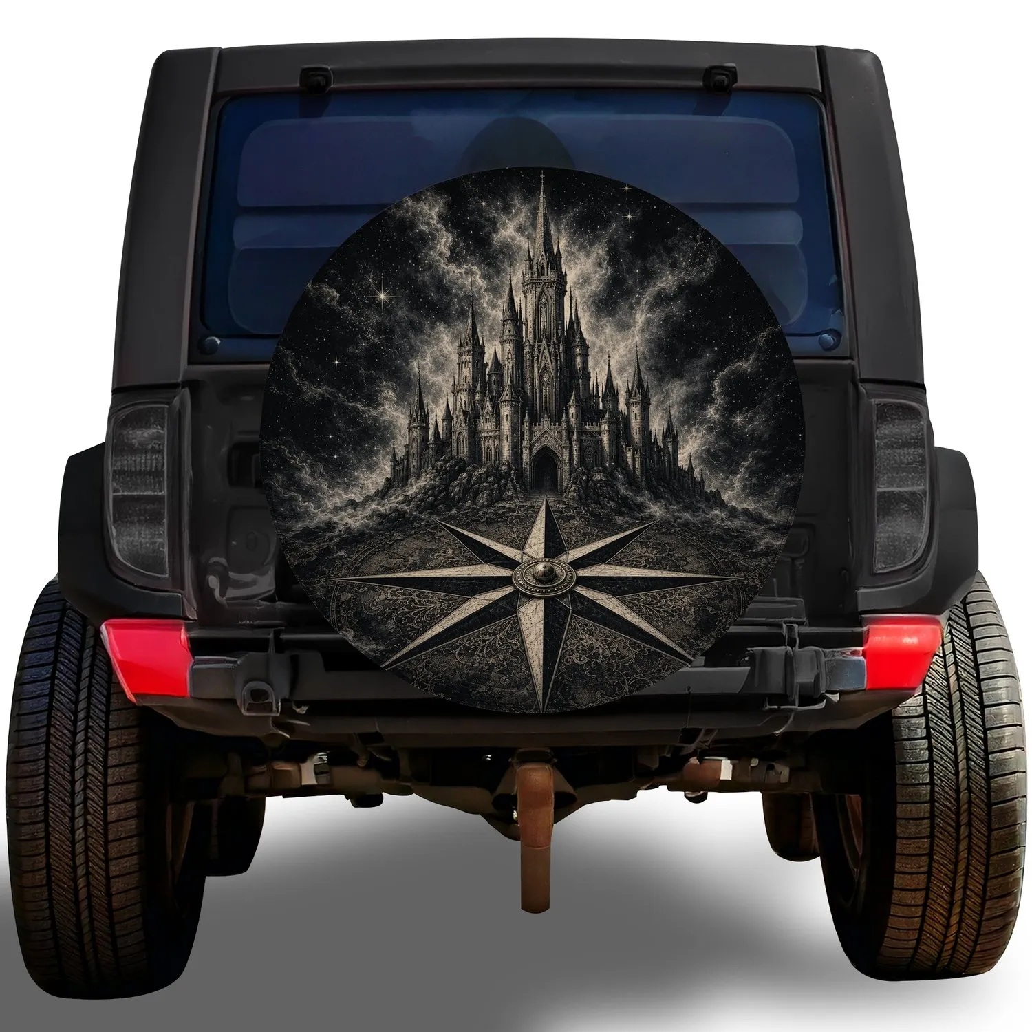 Gothic Castle Compass Rose For Night Road Trips And Fantasy Adventure Travel Enthusiasts Spare Tire Cover - 1