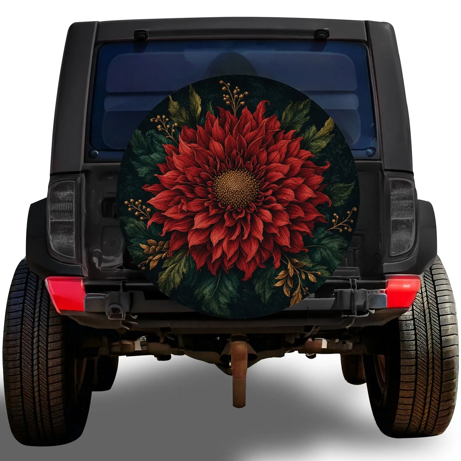 Crimson Chrysanthemum And Gold Filigree For Vintage Garden Road Trip Enthusiasts Spare Tire Cover - 1