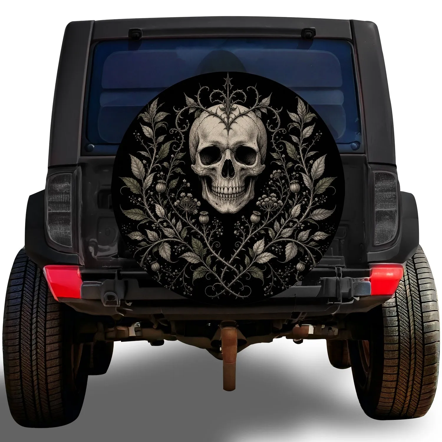 Gothic Skull And Thorny Vines For Dark Outdoor Adventure Vehicles And Hearse Fans Spare Tire Cover - 1